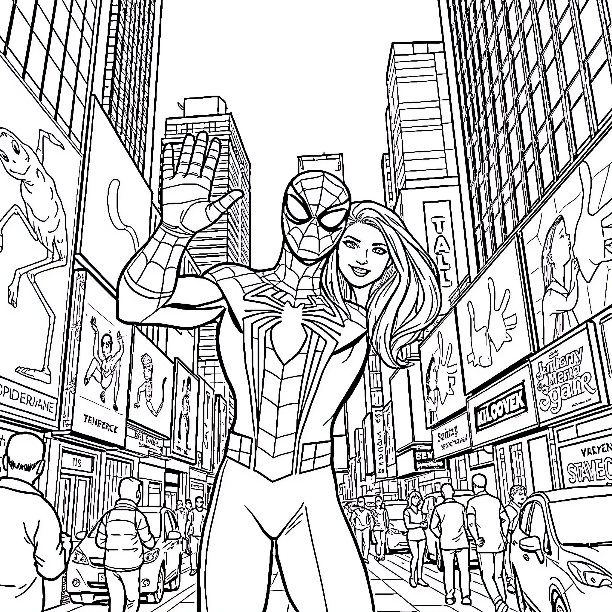 Spiderman and companion explore vibrant city landscape Coloring Page (free black-and-white line drawing printable PDF for all, from beginners to advanced learners, including children, teens, adults, and seniors)