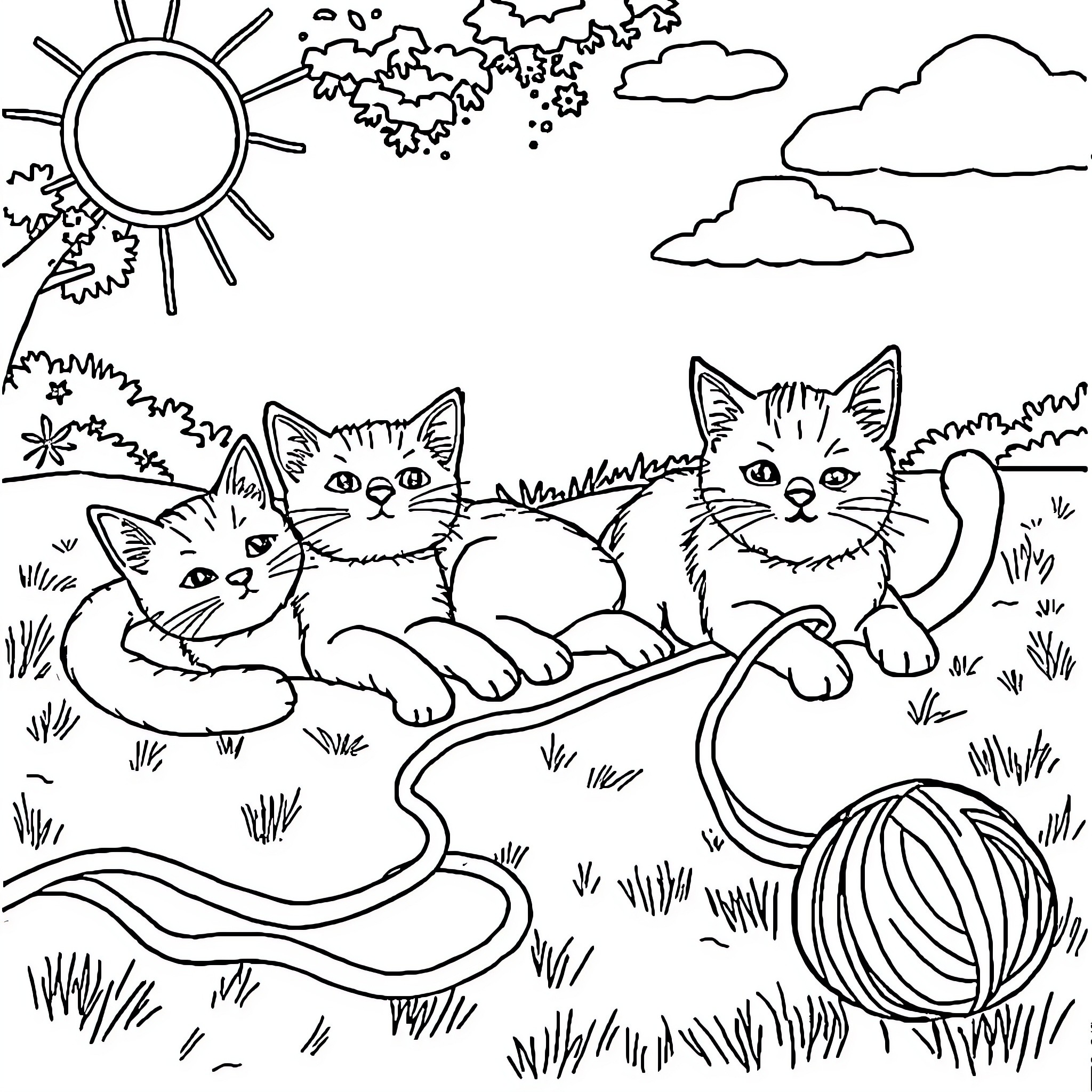 Cat kittens playing in the sunshine Coloring Page (free black-and-white line drawing printable PDF for all, from beginners to advanced learners, including children, teens, adults, and seniors)
