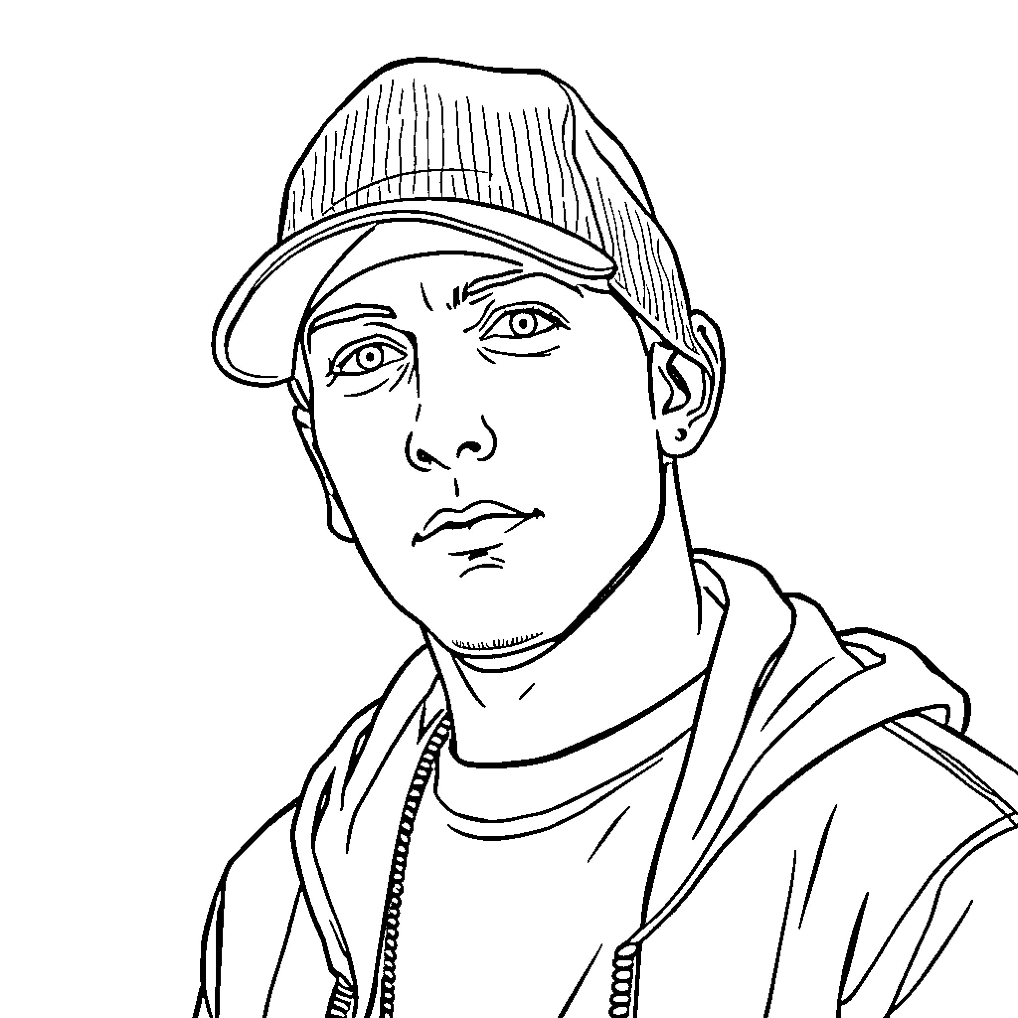 Eminem with serious expression wearing cap and hoodie Coloring Page (free black-and-white line drawing printable PDF for all, from beginners to advanced learners, including children, teens, adults, and seniors)