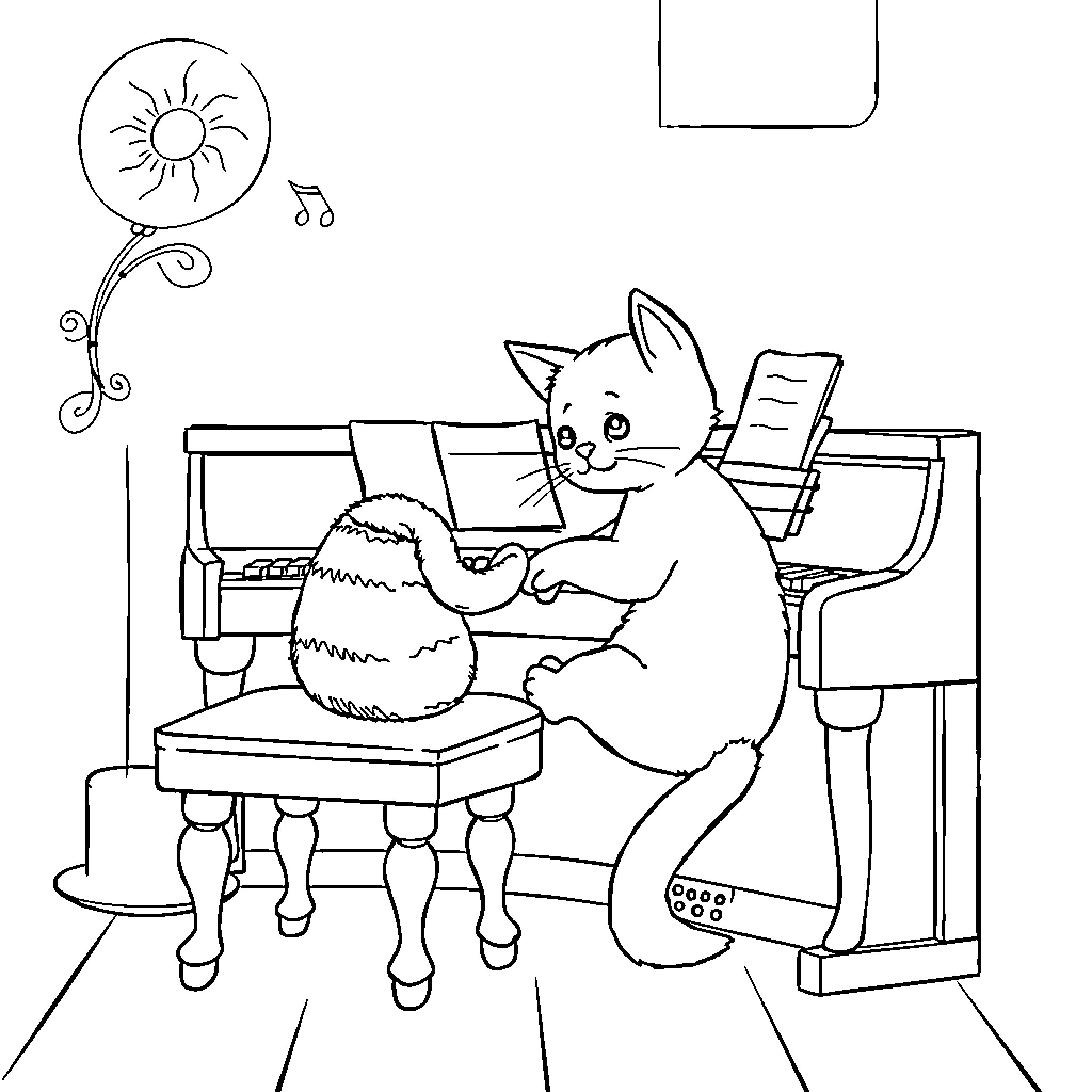 Cat playing piano in room Coloring Page (free black-and-white line drawing printable PDF for all, from beginners to advanced learners, including children, teens, adults, and seniors)