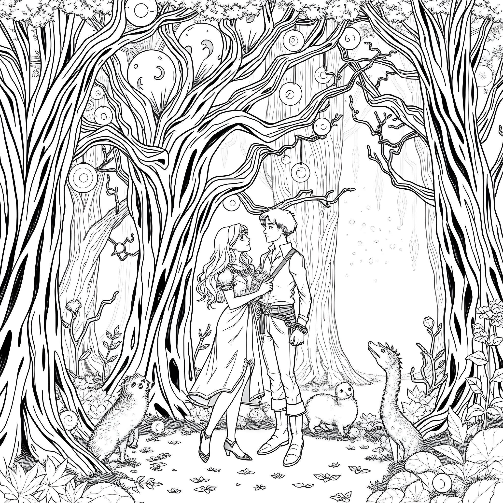 Sophie and Her Prince Charming in the Enchanted Forest Coloring Page (free black-and-white line drawing printable PDF for all, from beginners to advanced learners, including children, teens, adults, and seniors)