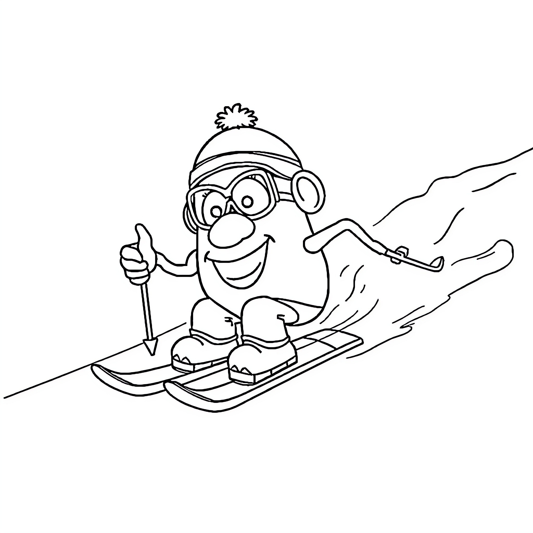 Mr. Potato Head skiing down a snowy slope Coloring Page (free black-and-white line drawing printable PDF for all, from beginners to advanced learners, including children, teens, adults, and seniors)