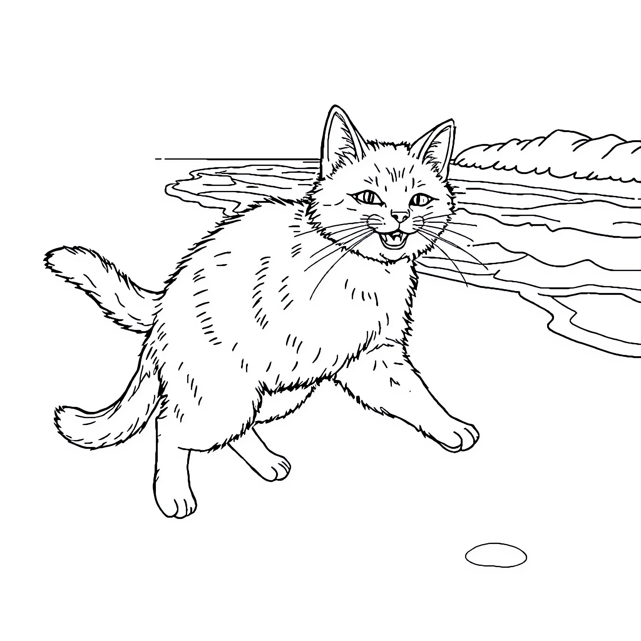 Chat with a Playful Feline by the Lake Coloring Page (free black-and-white line drawing printable PDF for all, from beginners to advanced learners, including children, teens, adults, and seniors)