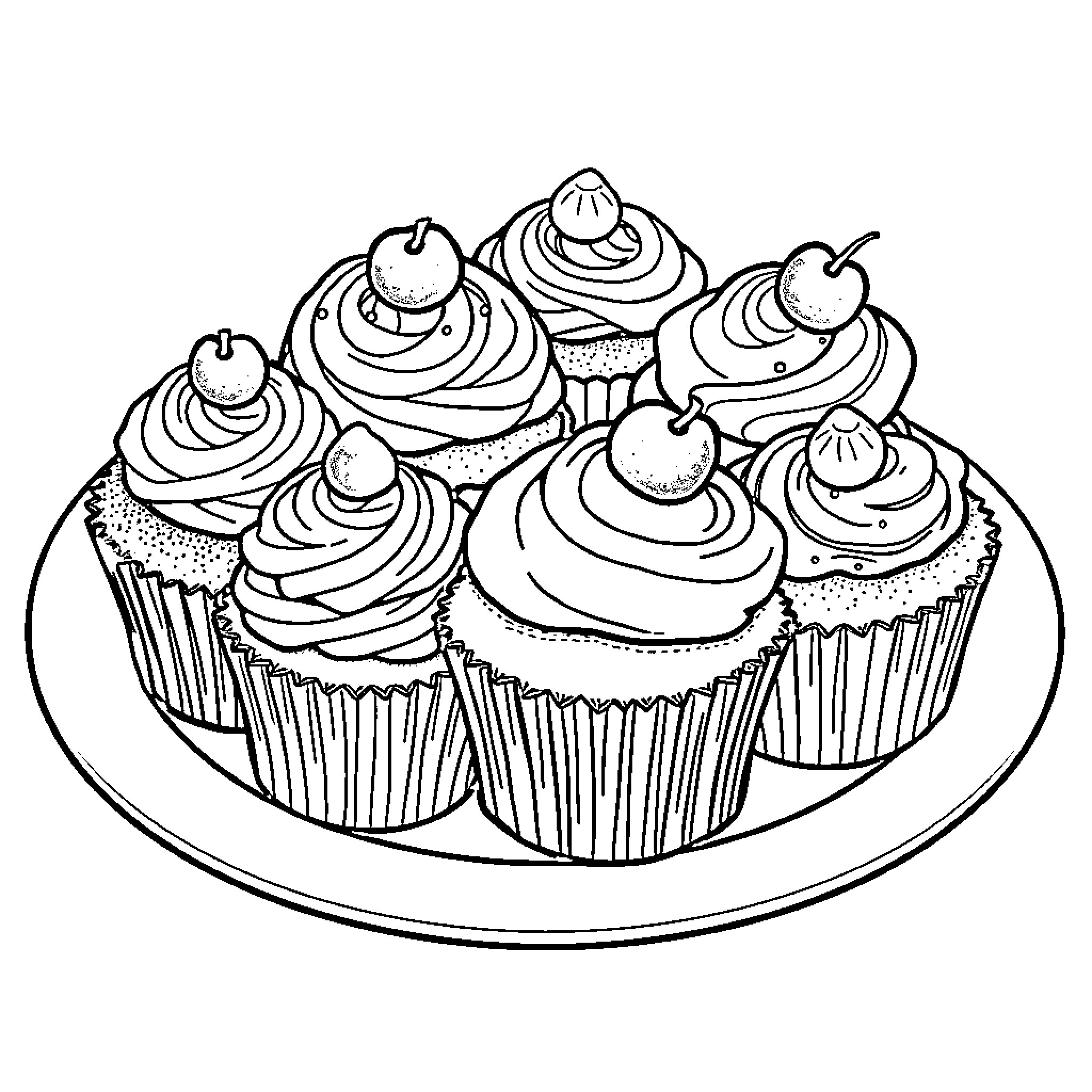 Cupcakes with swirled toppings and fruit accents Coloring Page (free black-and-white line drawing printable PDF for all, from beginners to advanced learners, including children, teens, adults, and seniors)