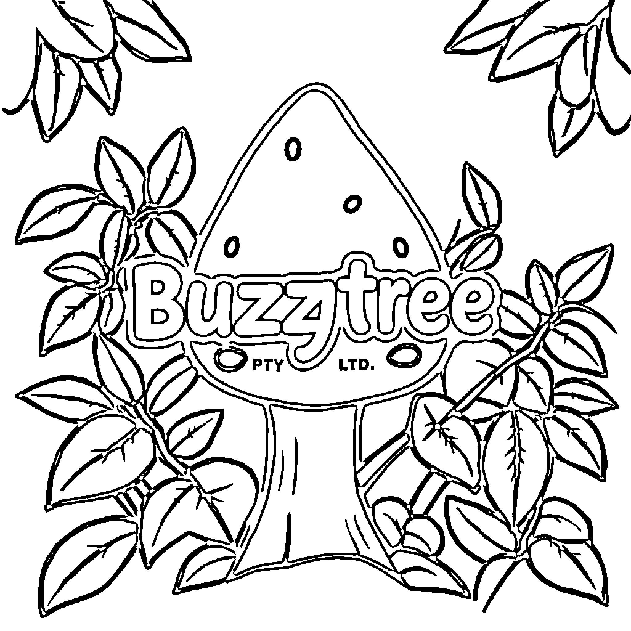 Buzztree logo surrounded by decorative leaves Coloring Page (free black-and-white line drawing printable PDF for all, from beginners to advanced learners, including children, teens, adults, and seniors)
