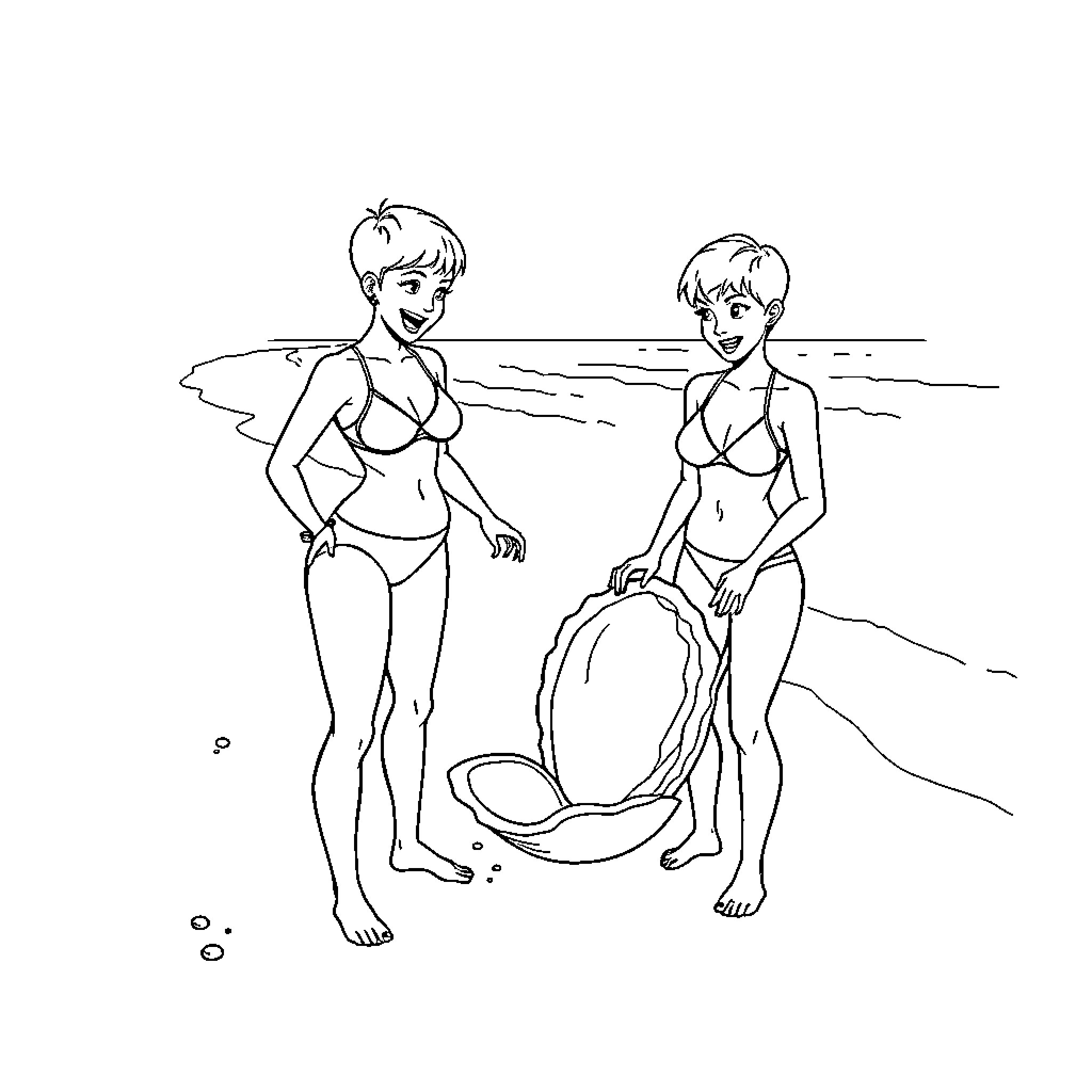 Lady friends enjoying the beach together Coloring Page (free black-and-white line drawing printable PDF for all, from beginners to advanced learners, including children, teens, adults, and seniors)