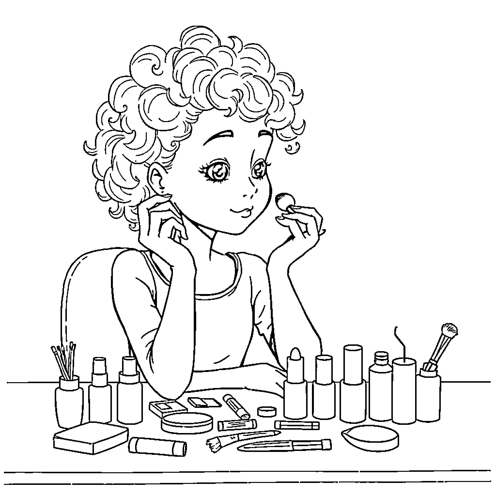 Girl trying on makeup in front of mirror Coloring Page (free black-and-white line drawing printable PDF for all, from beginners to advanced learners, including children, teens, adults, and seniors)