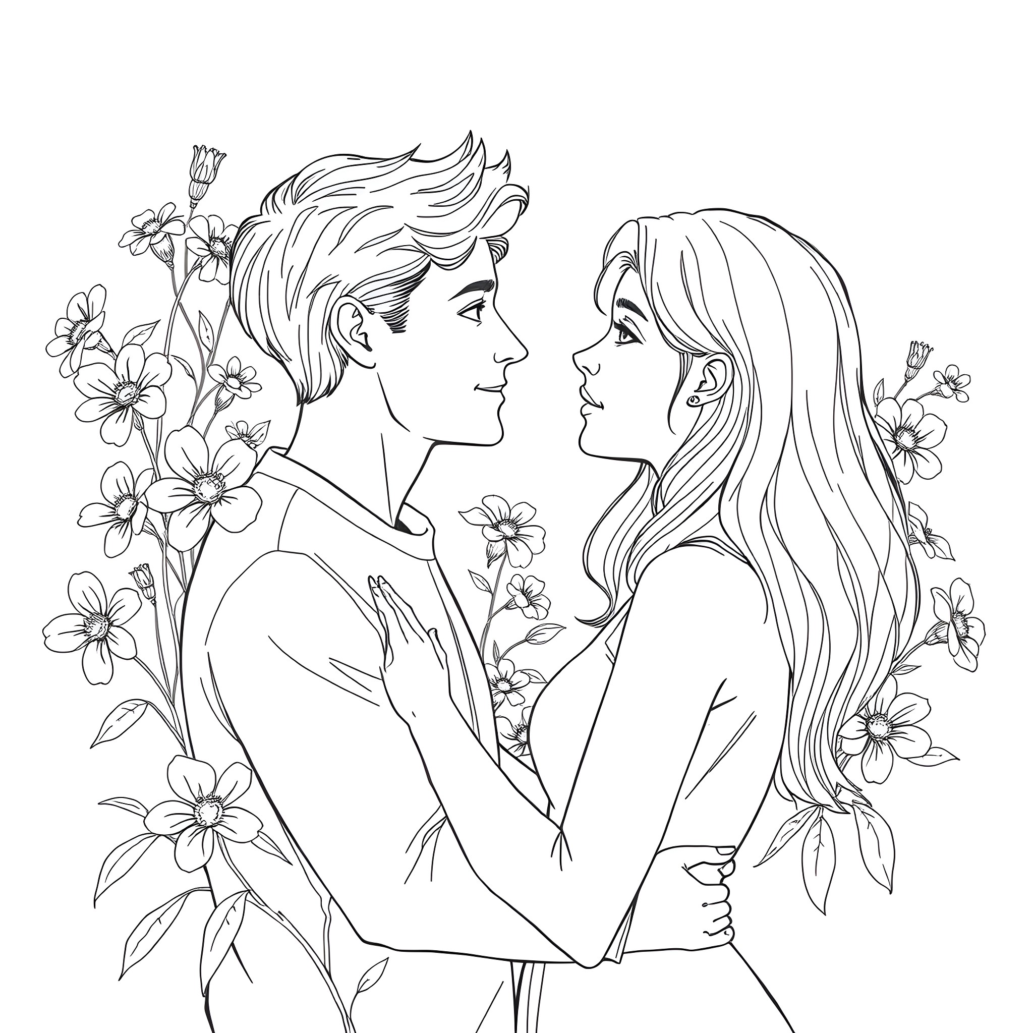 Person embracing intimately surrounded by flowers Coloring Page (free black-and-white line drawing printable PDF for all, from beginners to advanced learners, including children, teens, adults, and seniors)