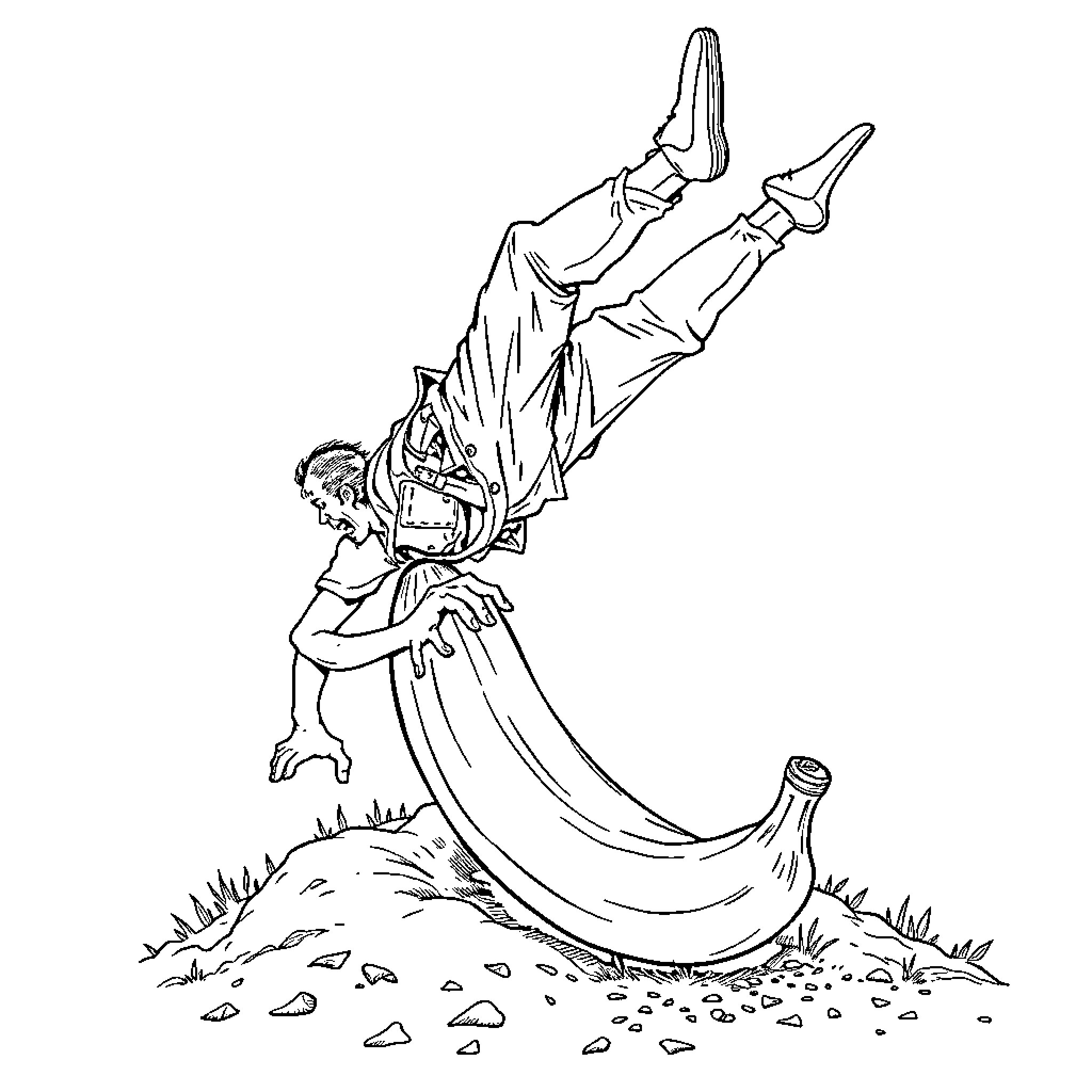 Gravedigger in Dramatic Pose with Shovel Coloring Page (free black-and-white line drawing printable PDF for all, from beginners to advanced learners, including children, teens, adults, and seniors)