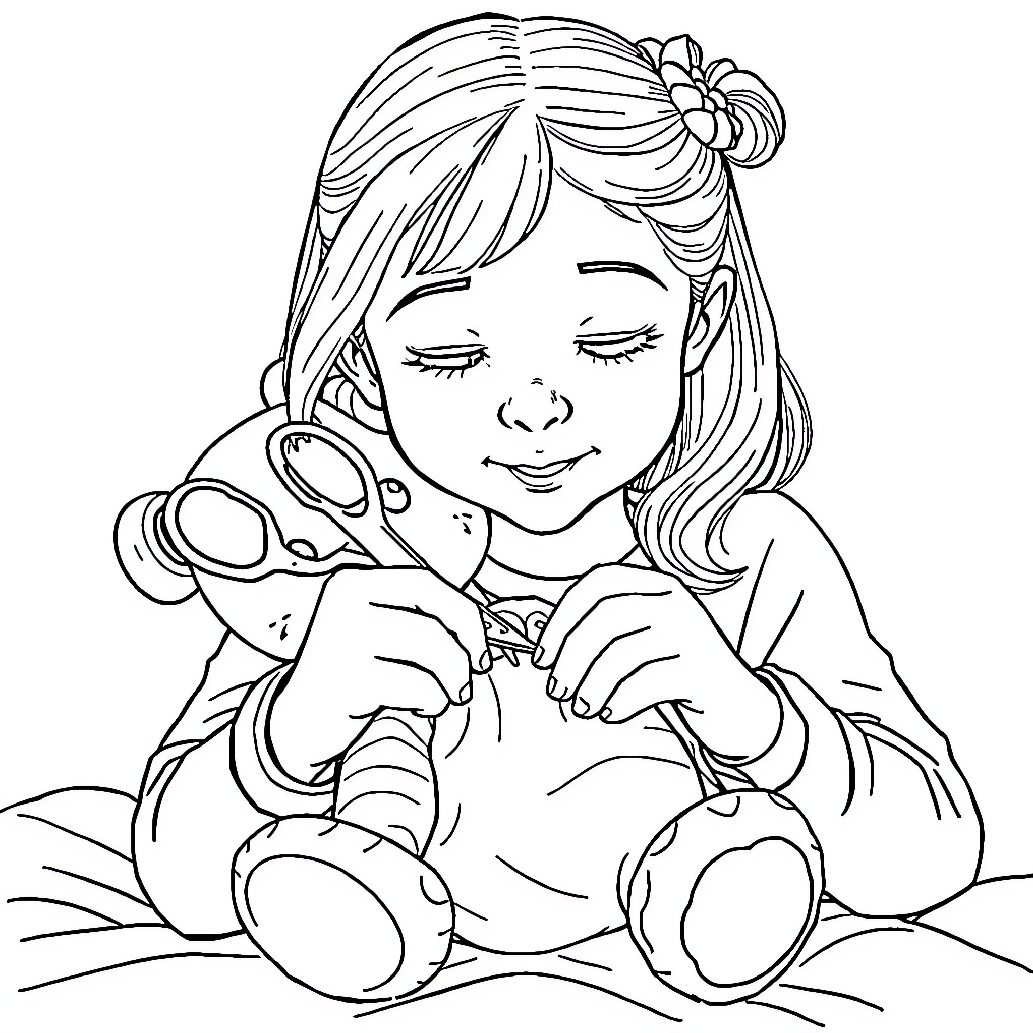 Child playing with dolls and enjoying time Coloring Page (free black-and-white line drawing printable PDF for all, from beginners to advanced learners, including children, teens, adults, and seniors)