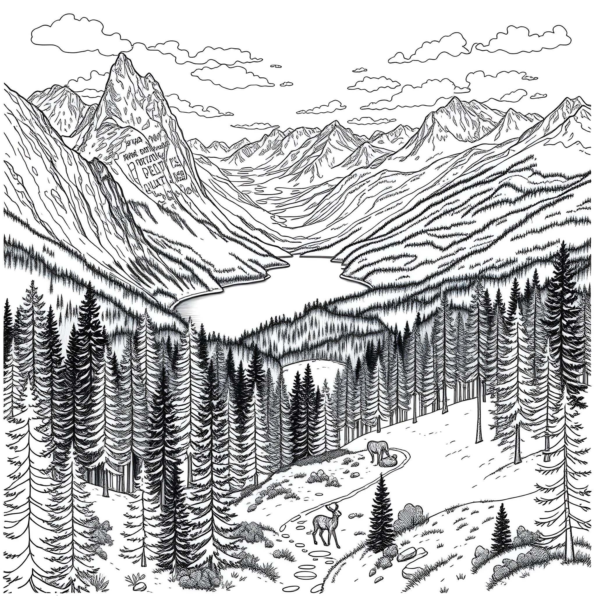 National Park Adventure in the Mountains Coloring Page (free black-and-white line drawing printable PDF for all, from beginners to advanced learners, including children, teens, adults, and seniors)
