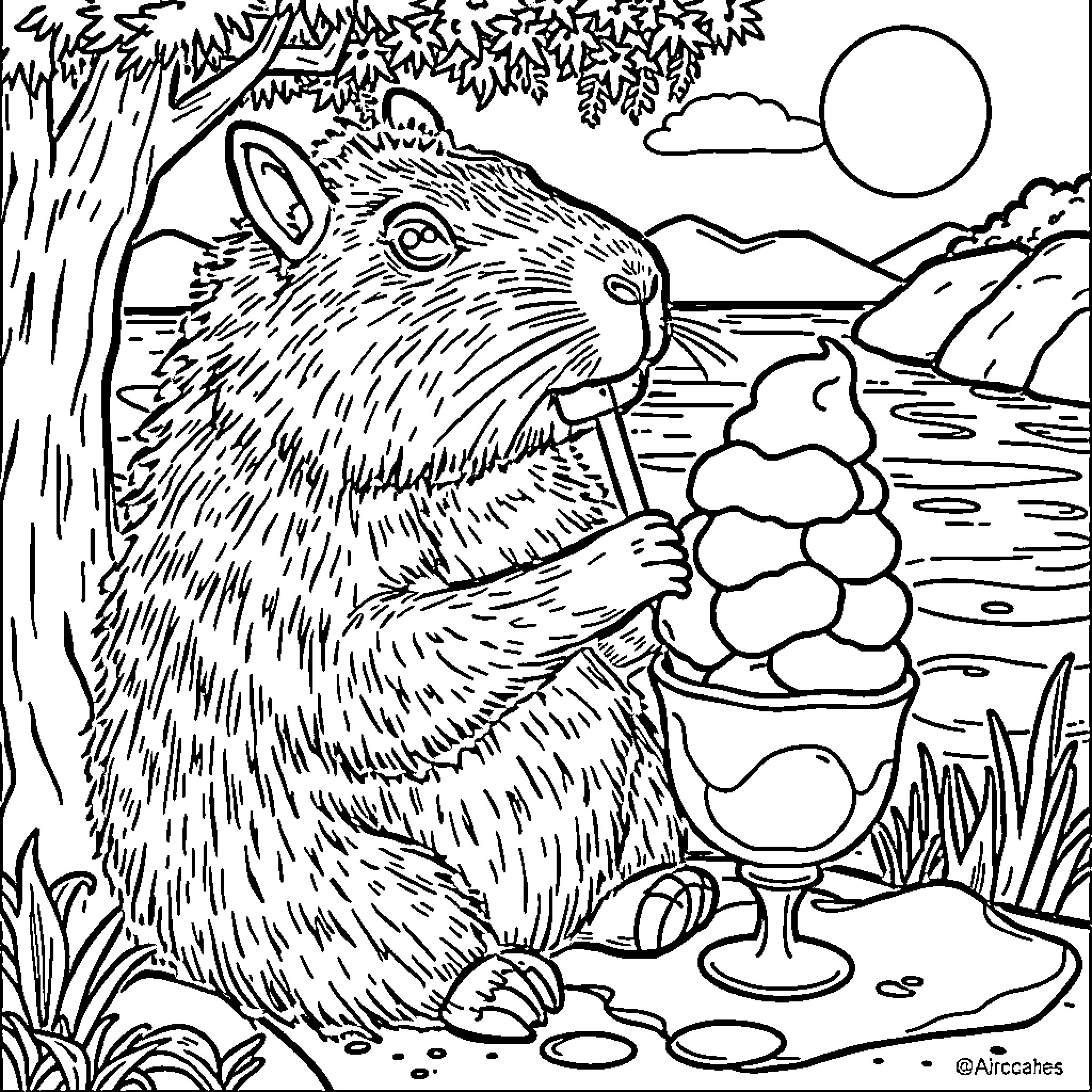 Capybara enjoying a sweet treat by the lake Coloring Page (free black-and-white line drawing printable PDF for all, from beginners to advanced learners, including children, teens, adults, and seniors)