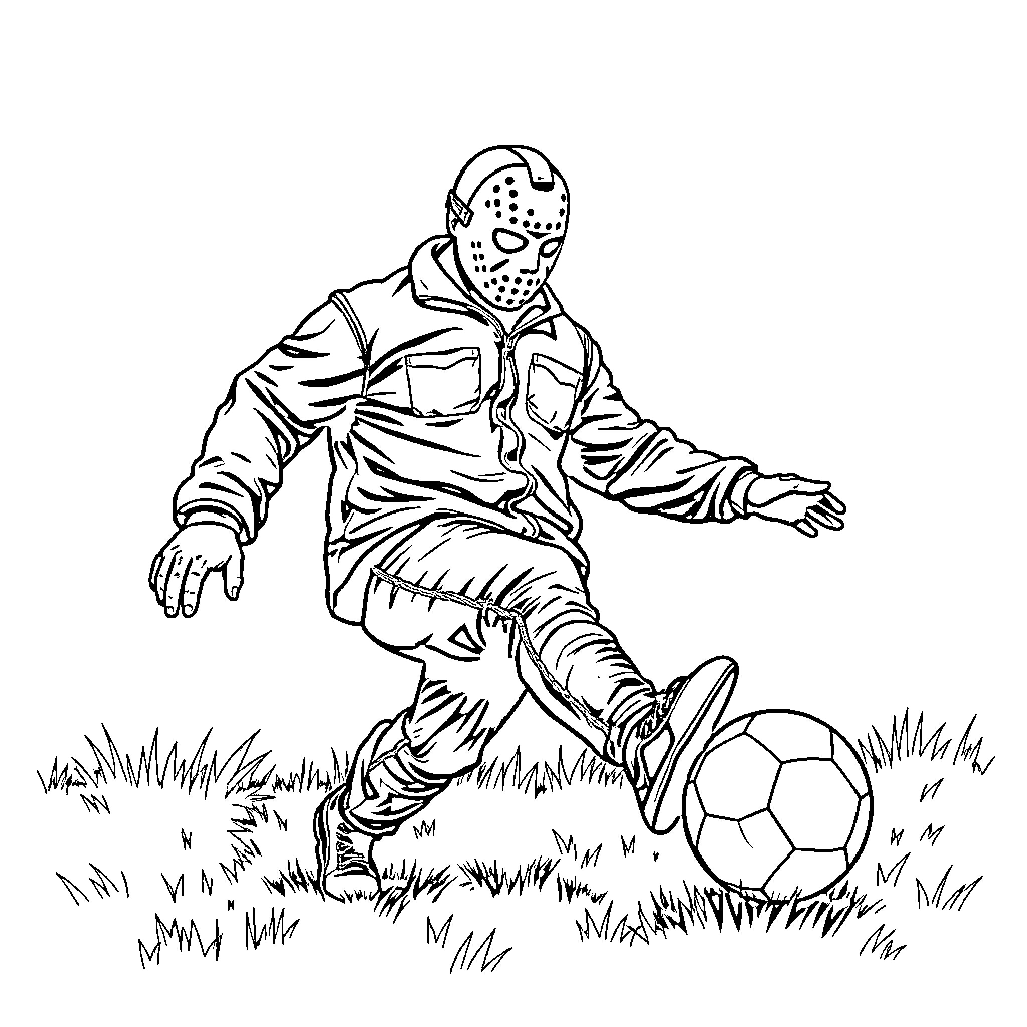 Jason Voorhees playing with soccer ball in the grass Coloring Page (free black-and-white line drawing printable PDF for all, from beginners to advanced learners, including children, teens, adults, and seniors)