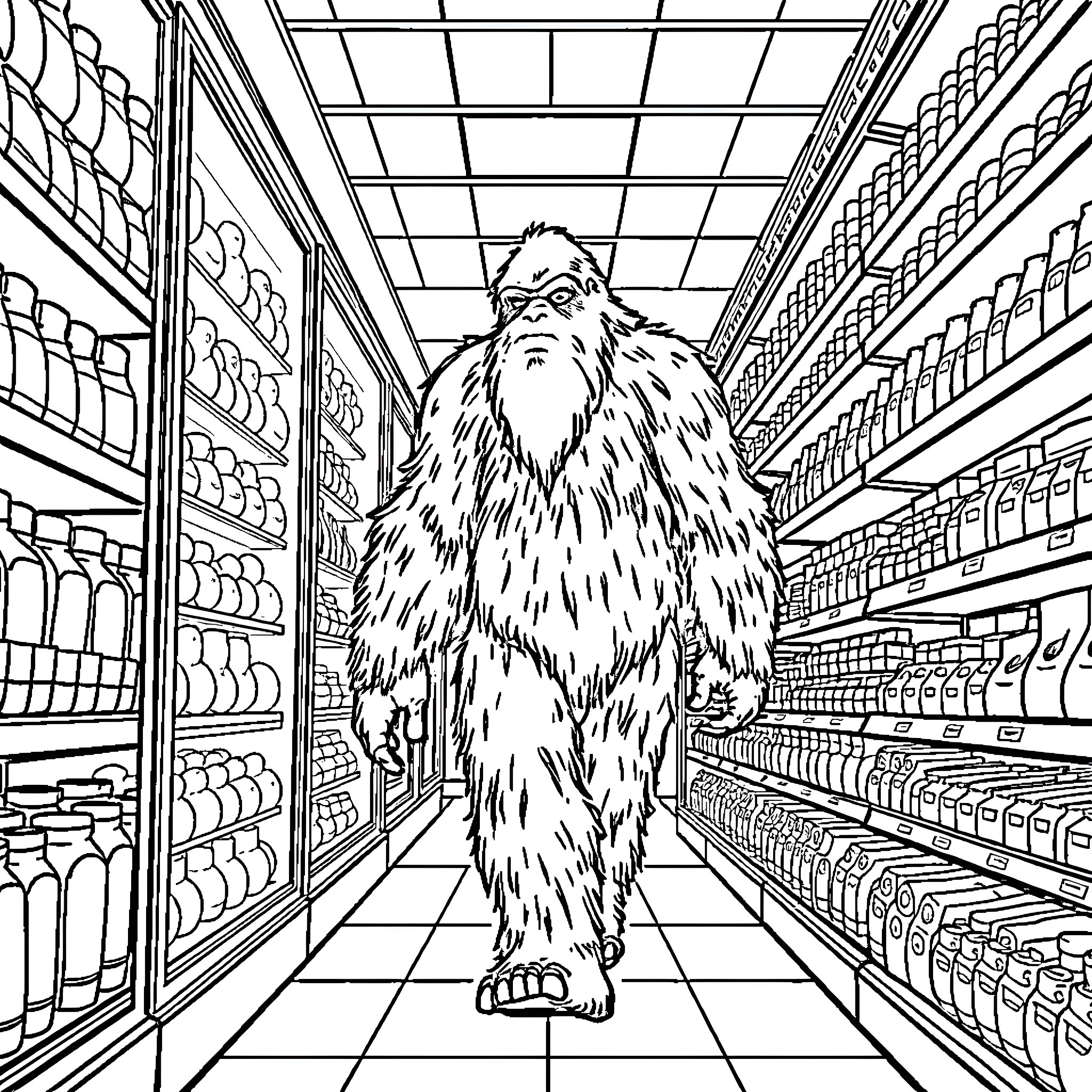 Bigfoot Explores the Grocery Store Aisles Coloring Page (free black-and-white line drawing printable PDF for all, from beginners to advanced learners, including children, teens, adults, and seniors)