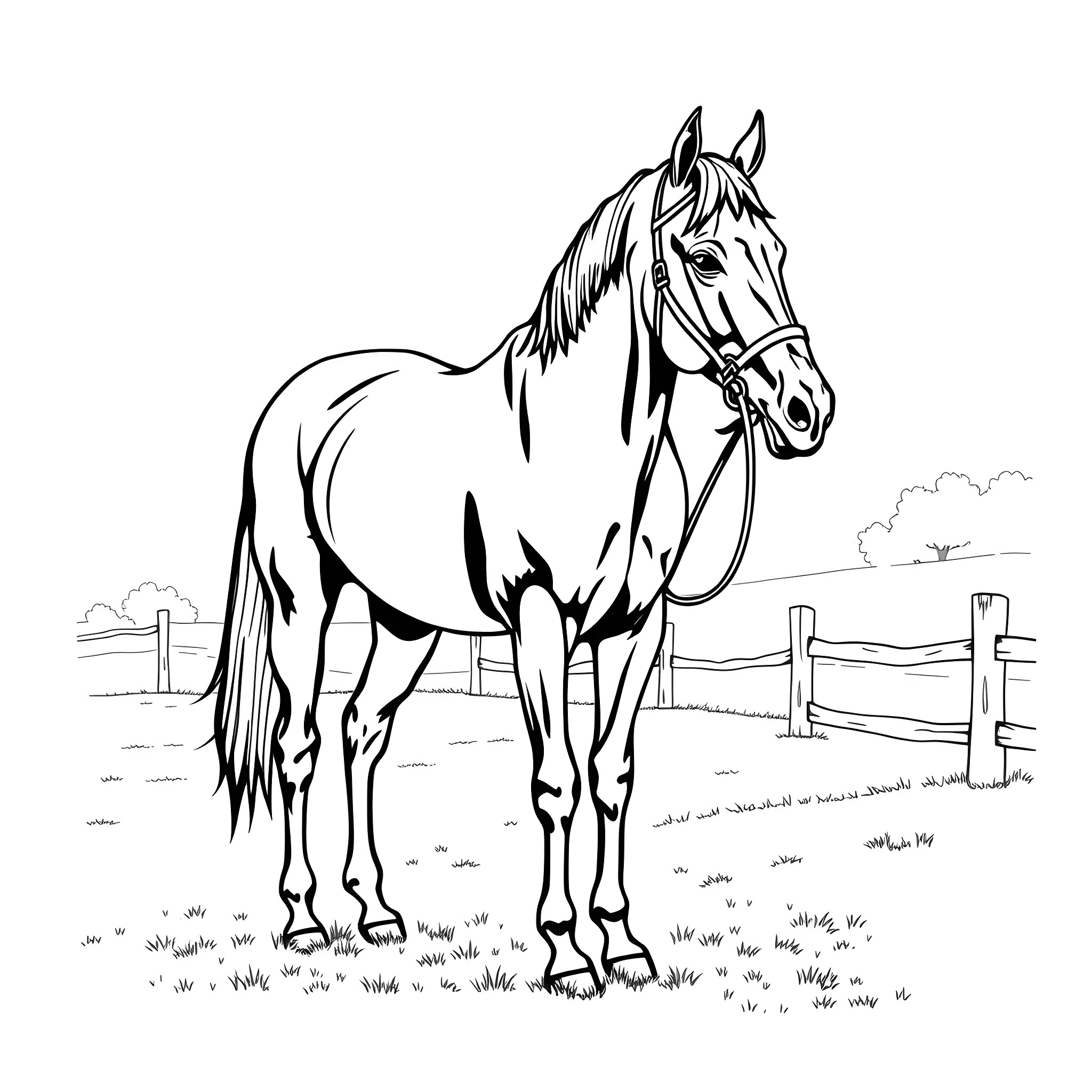 Horse standing in a fenced field Coloring Page (free black-and-white line drawing printable PDF for all, from beginners to advanced learners, including children, teens, adults, and seniors)