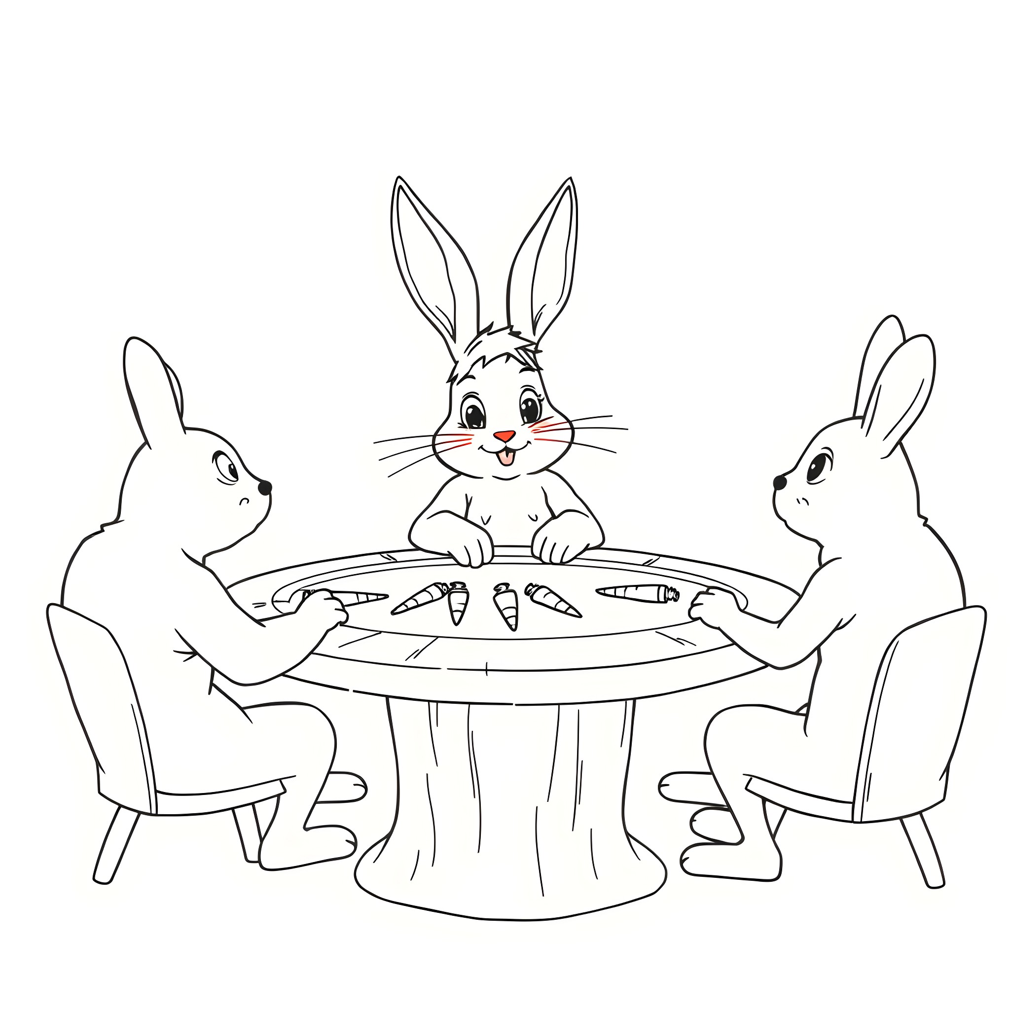 Rabbits playing board game around table Coloring Page (free black-and-white line drawing printable PDF for all, from beginners to advanced learners, including children, teens, adults, and seniors)