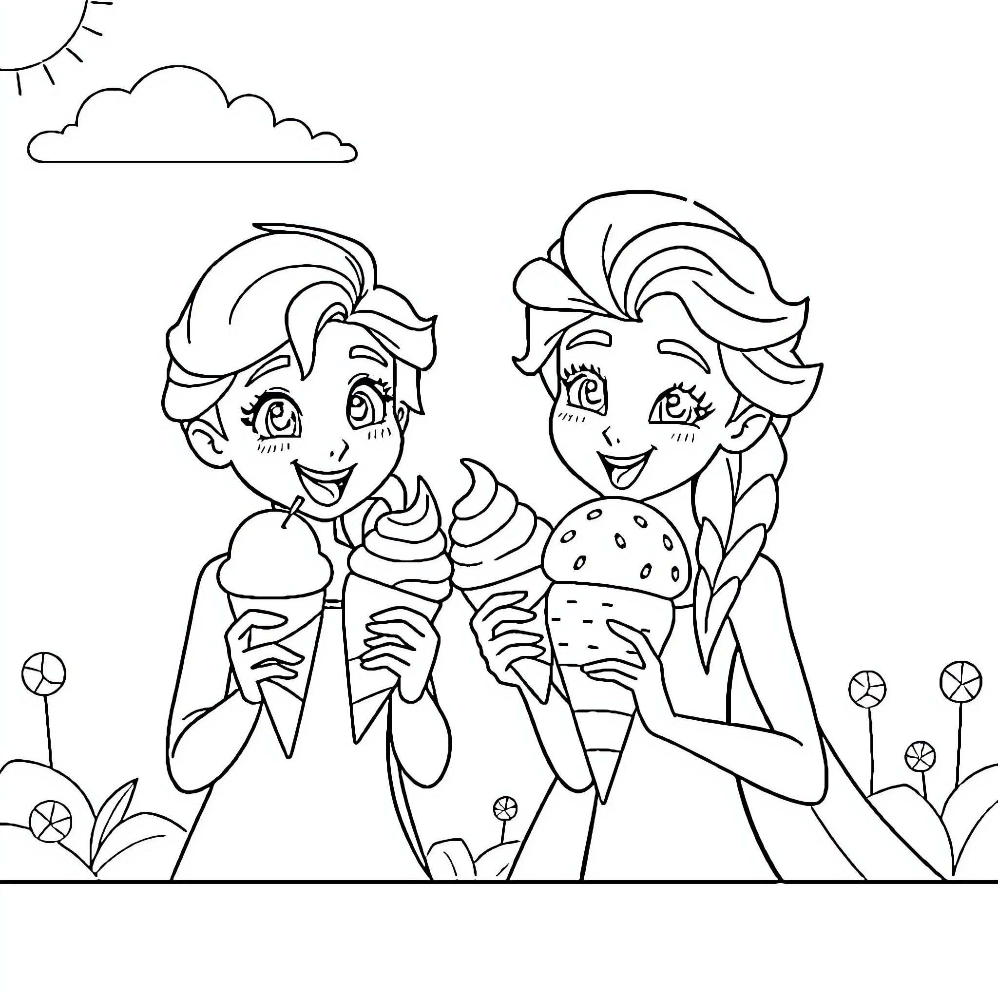 Bluey and Bingo enjoy ice cream treats outdoors Coloring Page (free black-and-white line drawing printable PDF for all, from beginners to advanced learners, including children, teens, adults, and seniors)