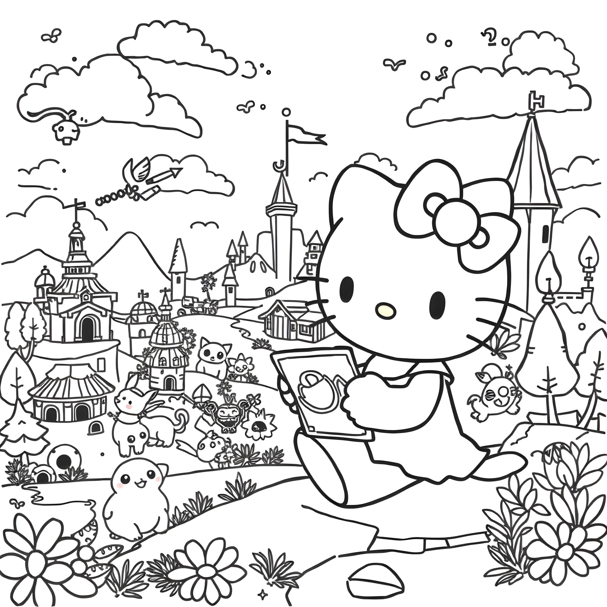 Hello Kitty's Magical Adventure in a Whimsical Landscape Coloring Page (free black-and-white line drawing printable PDF for all, from beginners to advanced learners, including children, teens, adults, and seniors)