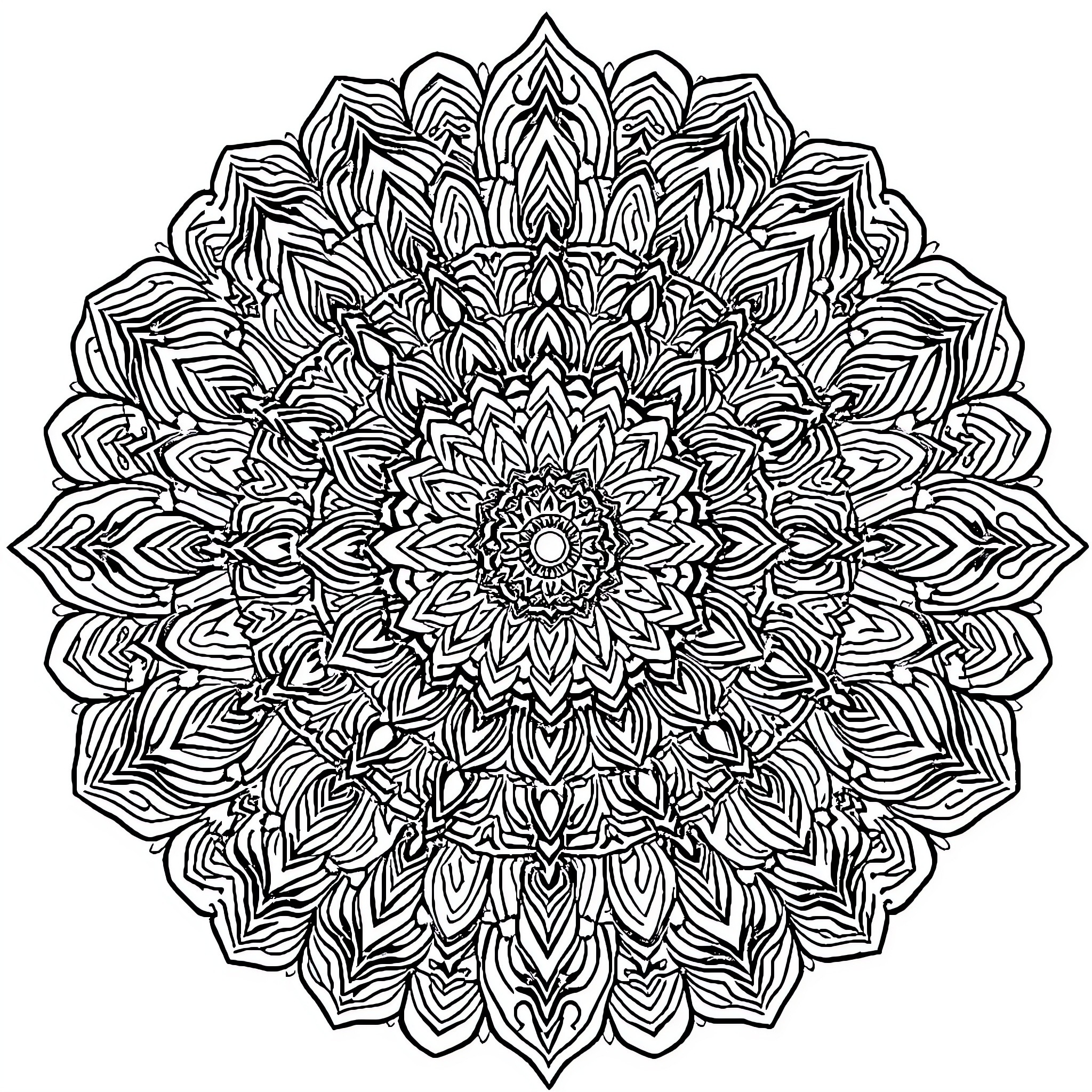 Mandala of intricate floral patterns Coloring Page (free black-and-white line drawing printable PDF for all, from beginners to advanced learners, including children, teens, adults, and seniors)