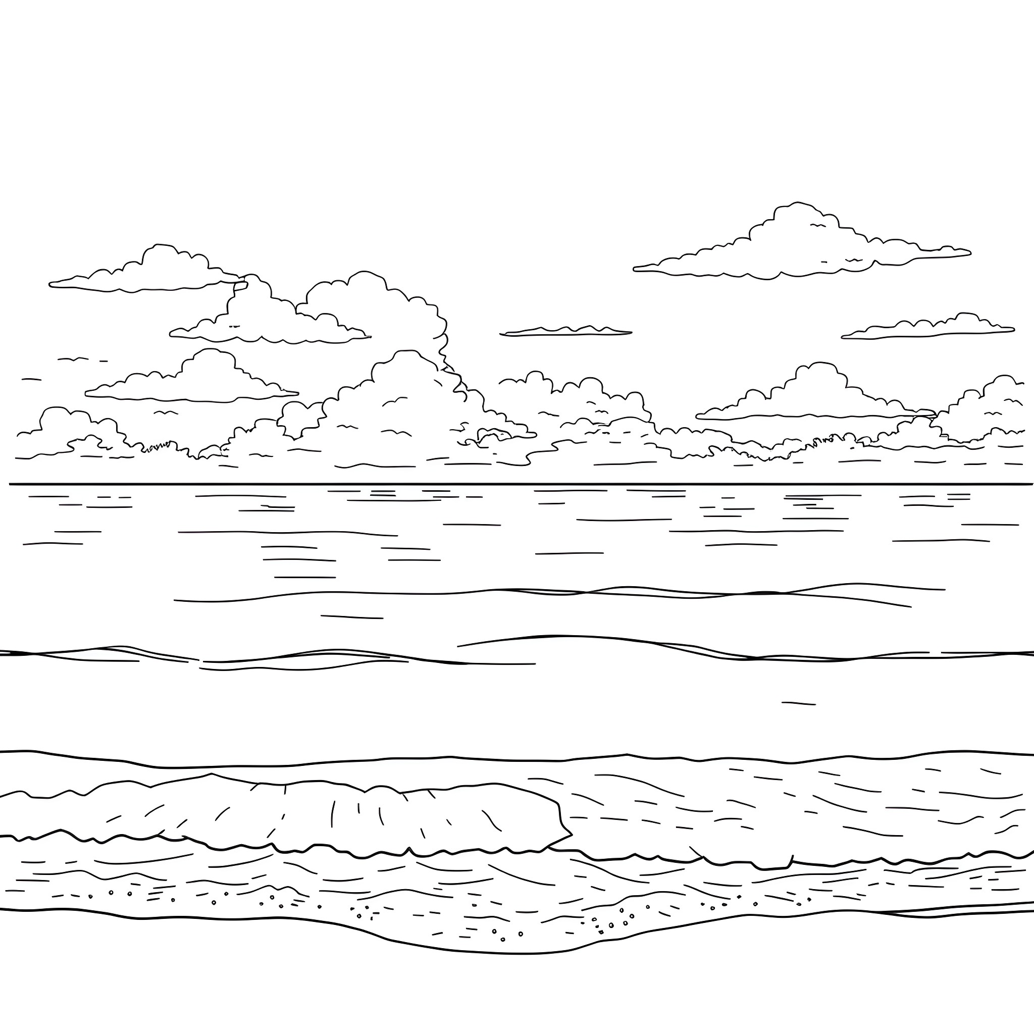 Sea landscape with clouds and waves Coloring Page (free black-and-white line drawing printable PDF for all, from beginners to advanced learners, including children, teens, adults, and seniors)