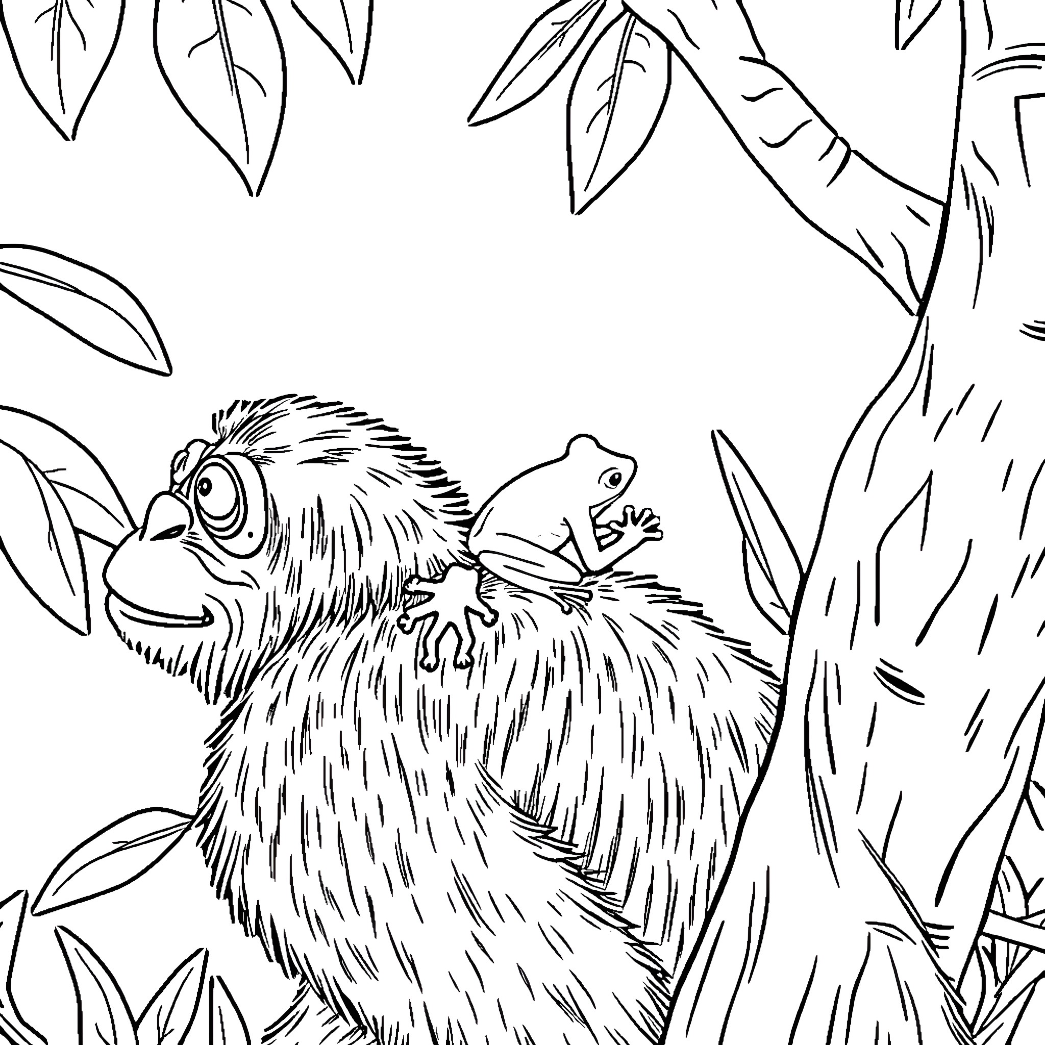Frog sitting on a fluffy creature in the forest Coloring Page (free black-and-white line drawing printable PDF for all, from beginners to advanced learners, including children, teens, adults, and seniors)