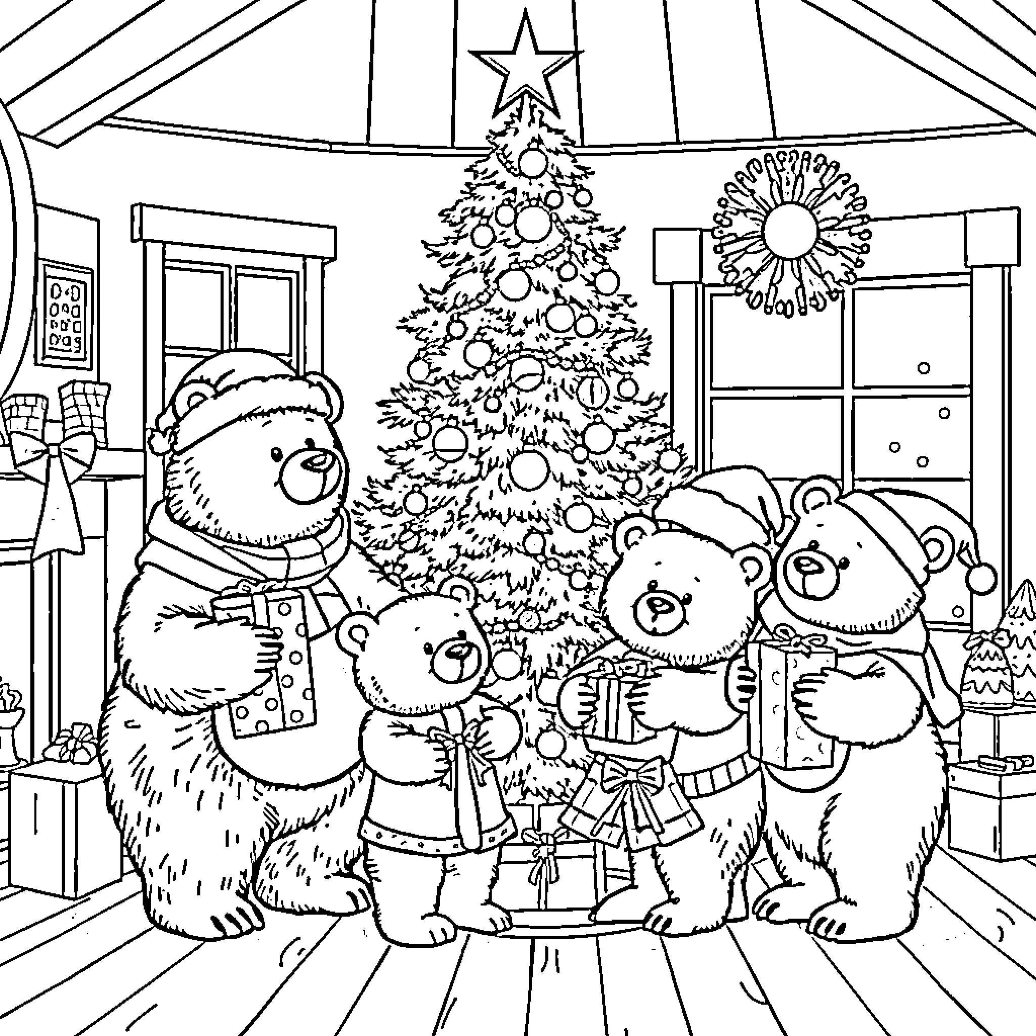 Bear family celebrating Christmas near decorated tree Coloring Page (free black-and-white line drawing printable PDF for all, from beginners to advanced learners, including children, teens, adults, and seniors)