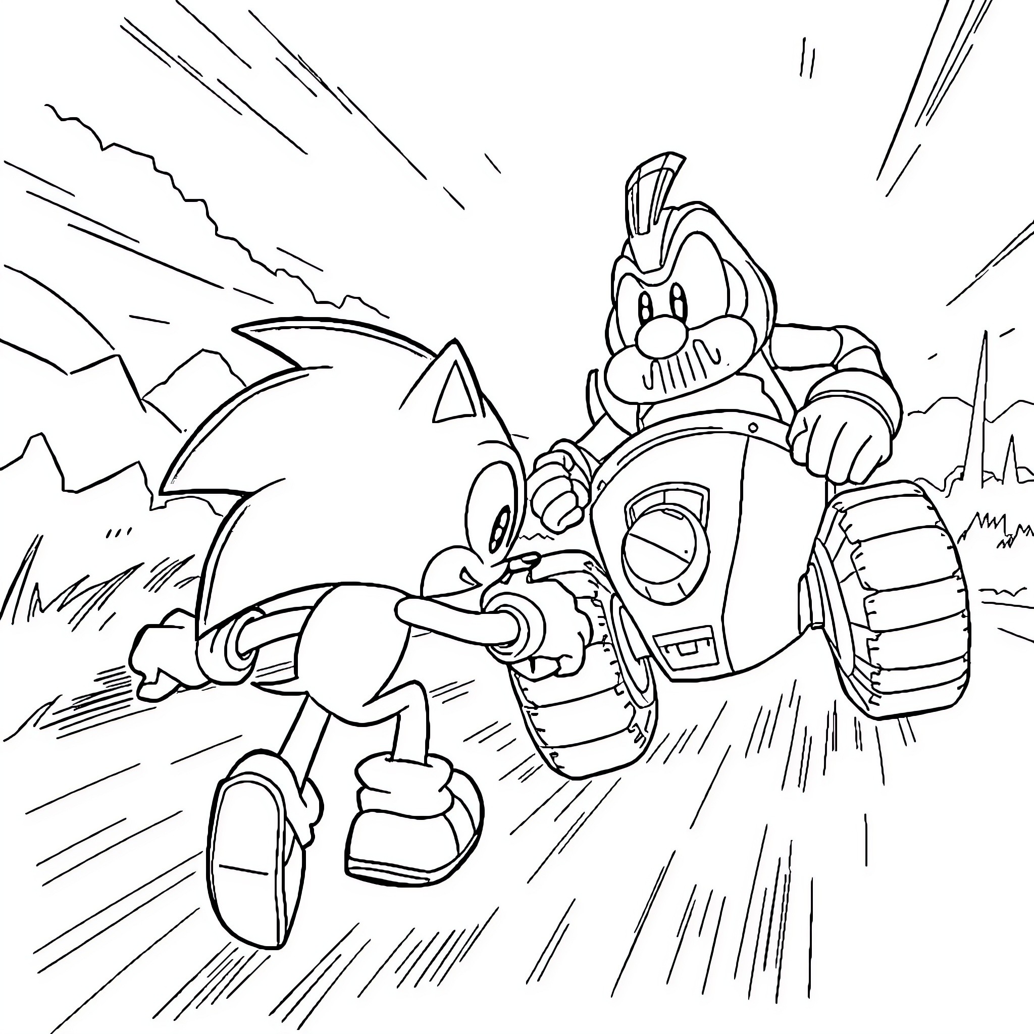 Sonic's Speedy Adventure in a Rugged Landscape Coloring Page (free black-and-white line drawing printable PDF for all, from beginners to advanced learners, including children, teens, adults, and seniors)