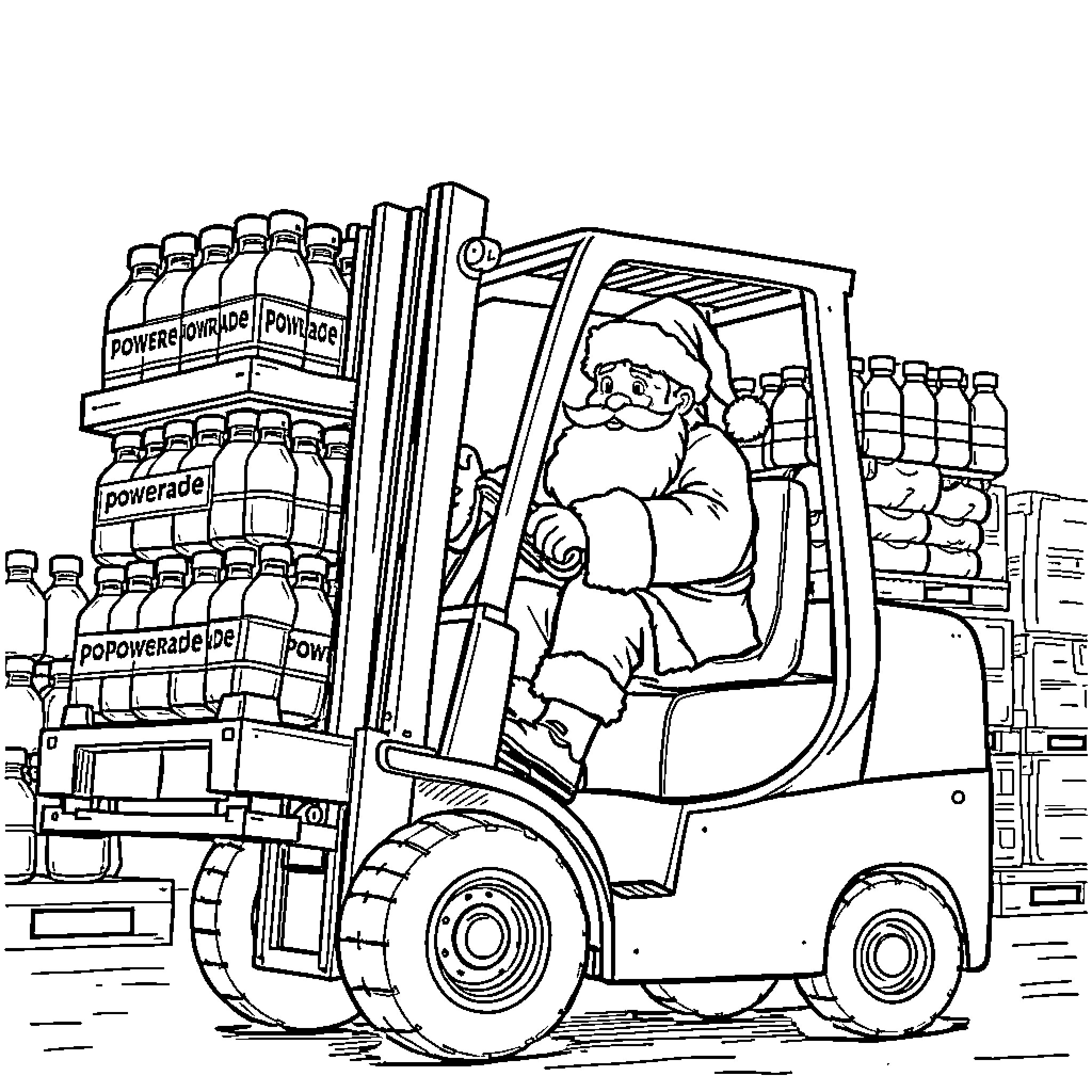 Santa driving a forklift in a warehouse Coloring Page (free black-and-white line drawing printable PDF for all, from beginners to advanced learners, including children, teens, adults, and seniors)