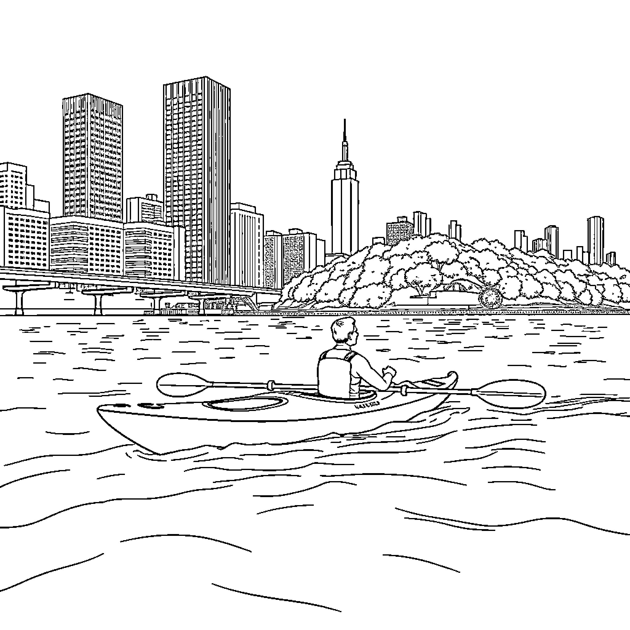 Kayak paddling in city waterfront with skyscrapers Coloring Page (free black-and-white line drawing printable PDF for all, from beginners to advanced learners, including children, teens, adults, and seniors)