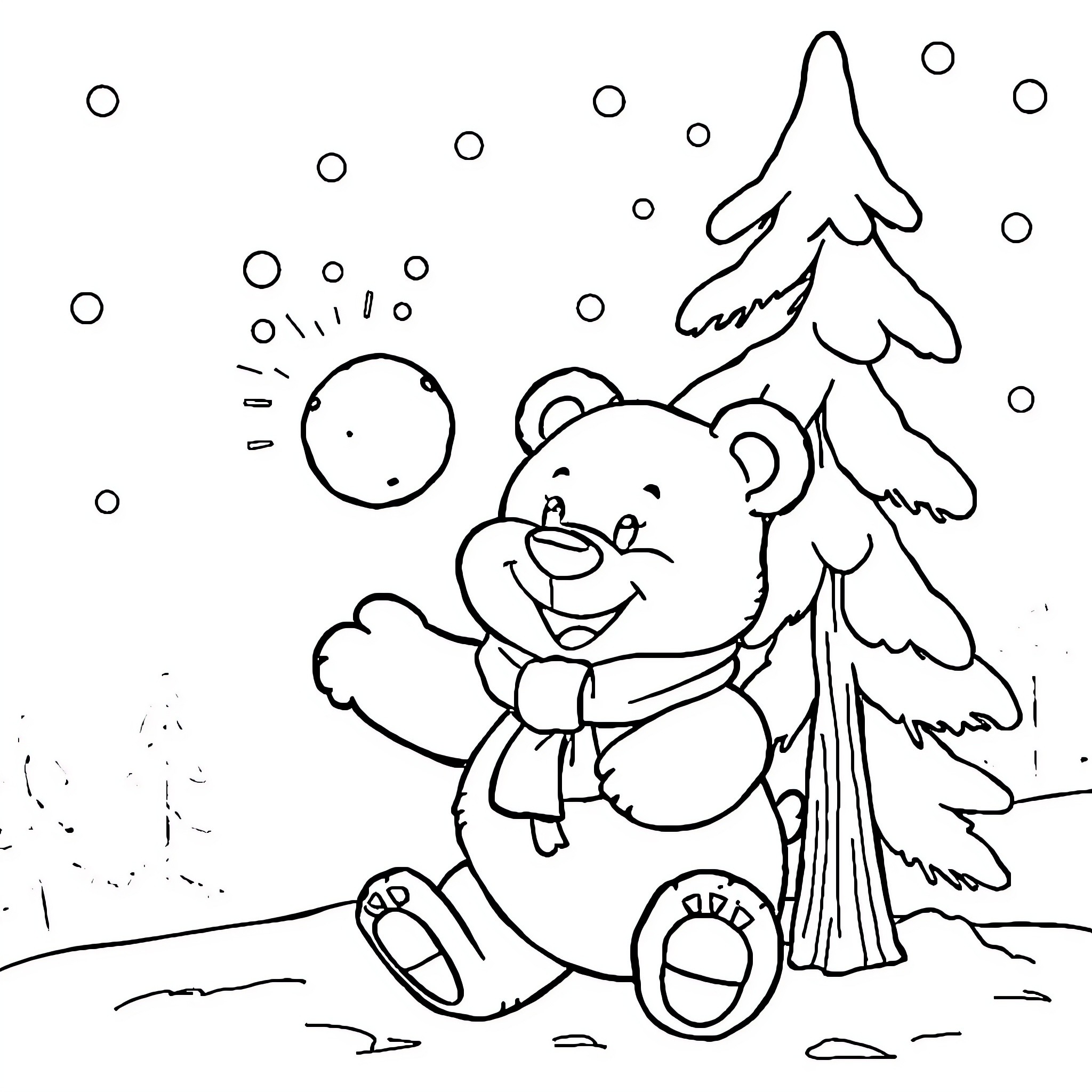 Teddy Bear playing in the snowy forest Coloring Page (free black-and-white line drawing printable PDF for all, from beginners to advanced learners, including children, teens, adults, and seniors)