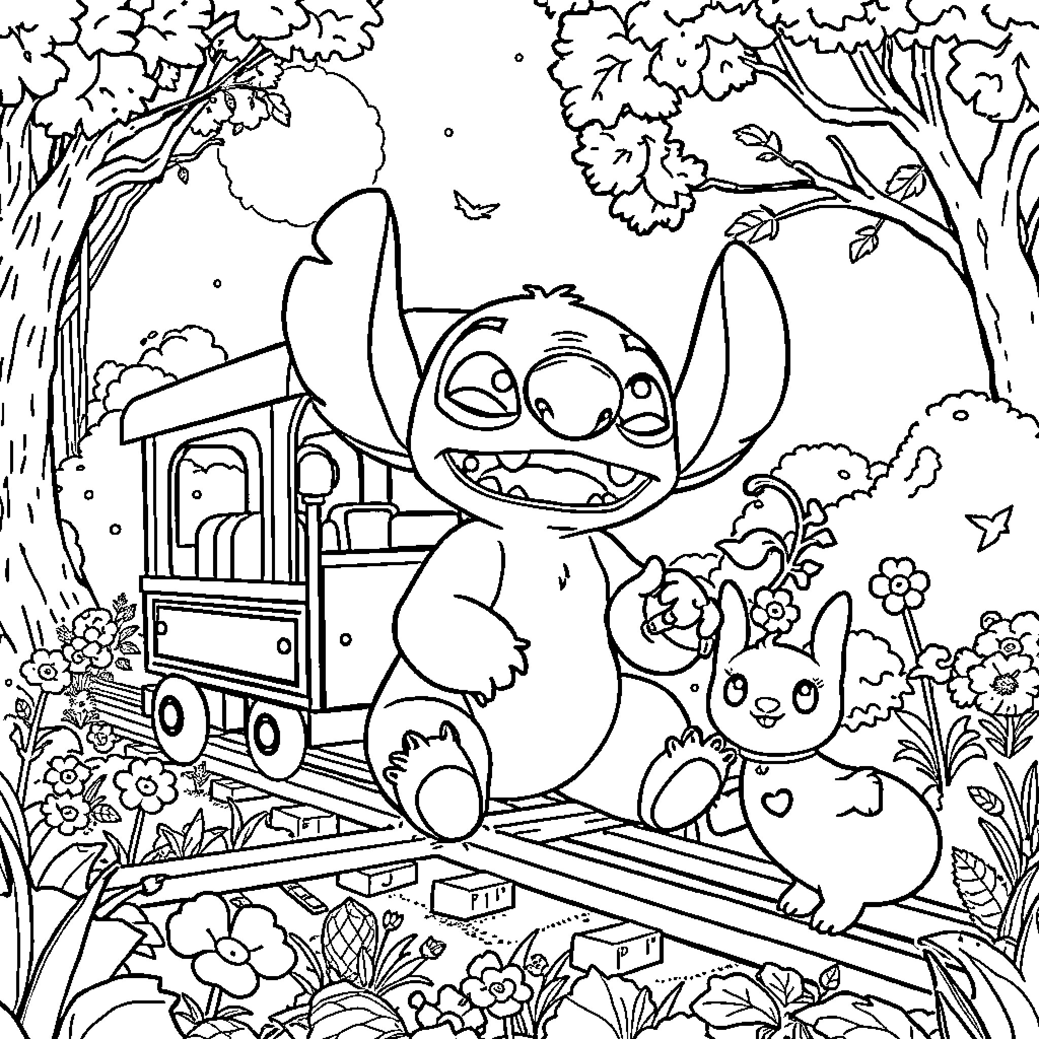Stitch exploring the whimsical forest with animal friends Coloring Page (free black-and-white line drawing printable PDF for all, from beginners to advanced learners, including children, teens, adults, and seniors)