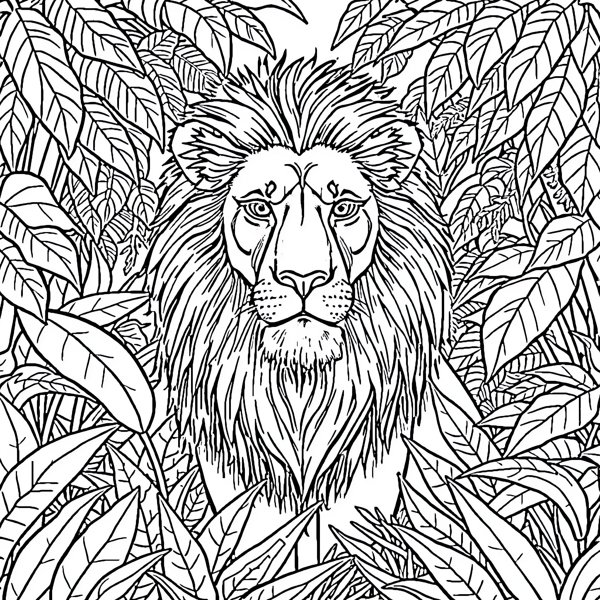 Lion in the Lush Jungle Foliage Coloring Page (free black-and-white line drawing printable PDF for all, from beginners to advanced learners, including children, teens, adults, and seniors)