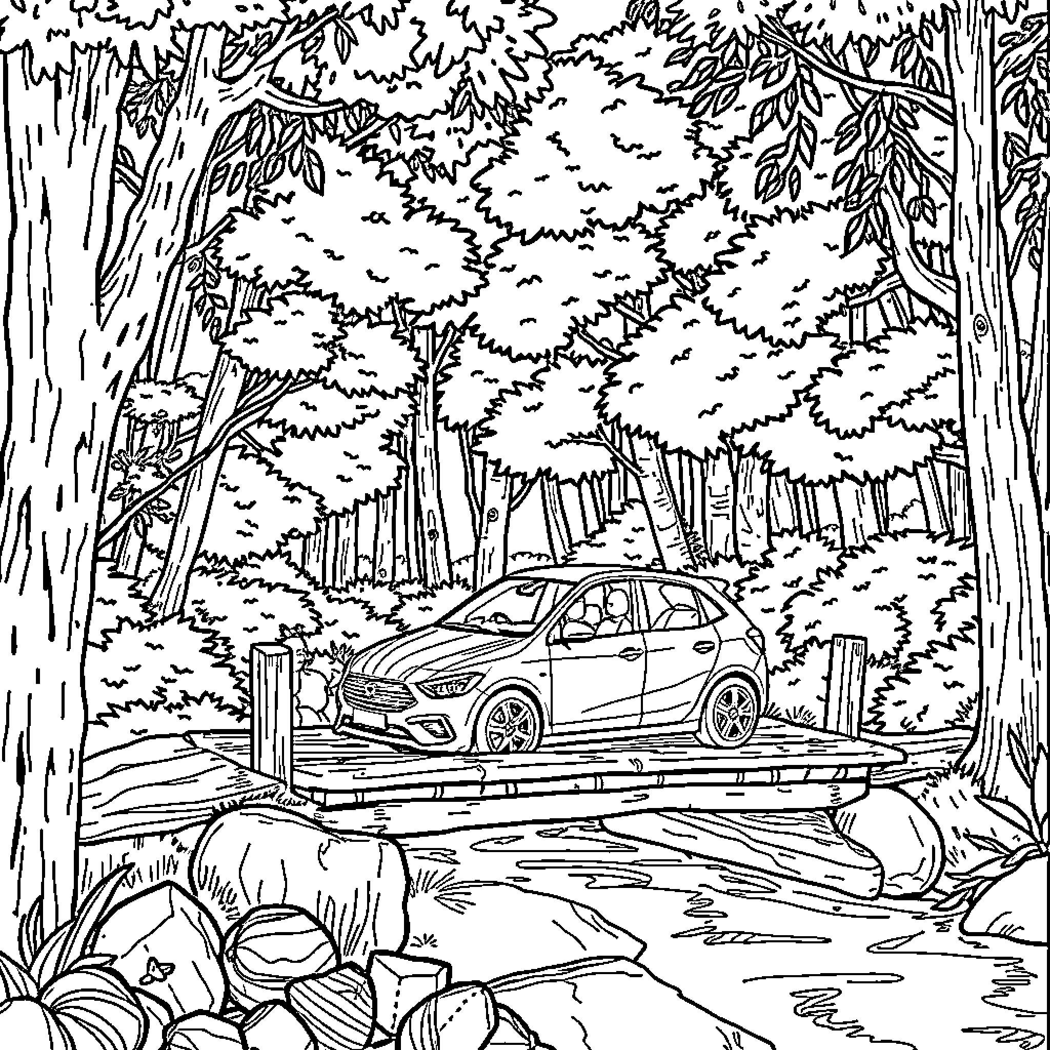 Bus driving through a scenic forest landscape Coloring Page (free black-and-white line drawing printable PDF for all, from beginners to advanced learners, including children, teens, adults, and seniors)