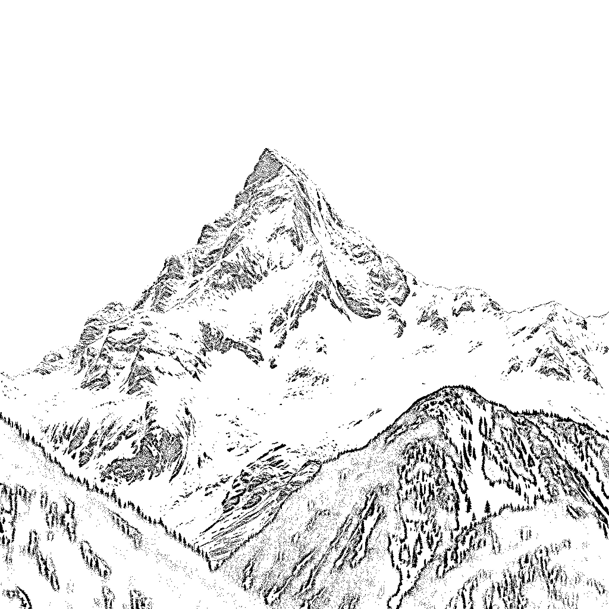 Mountain of majestic snow-capped peaks Coloring Page (free black-and-white line drawing printable PDF for all, from beginners to advanced learners, including children, teens, adults, and seniors)