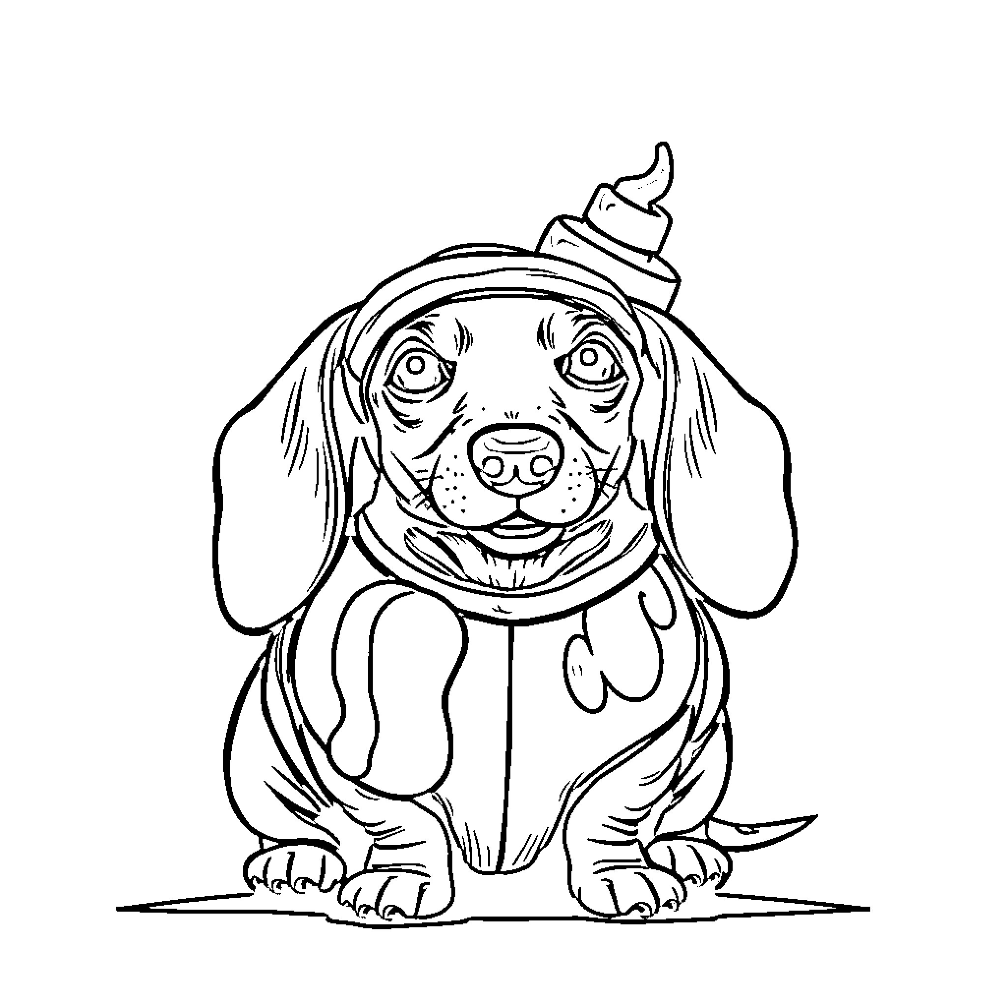 Dachshund wearing a silly hat and scarf Coloring Page (free black-and-white line drawing printable PDF for all, from beginners to advanced learners, including children, teens, adults, and seniors)
