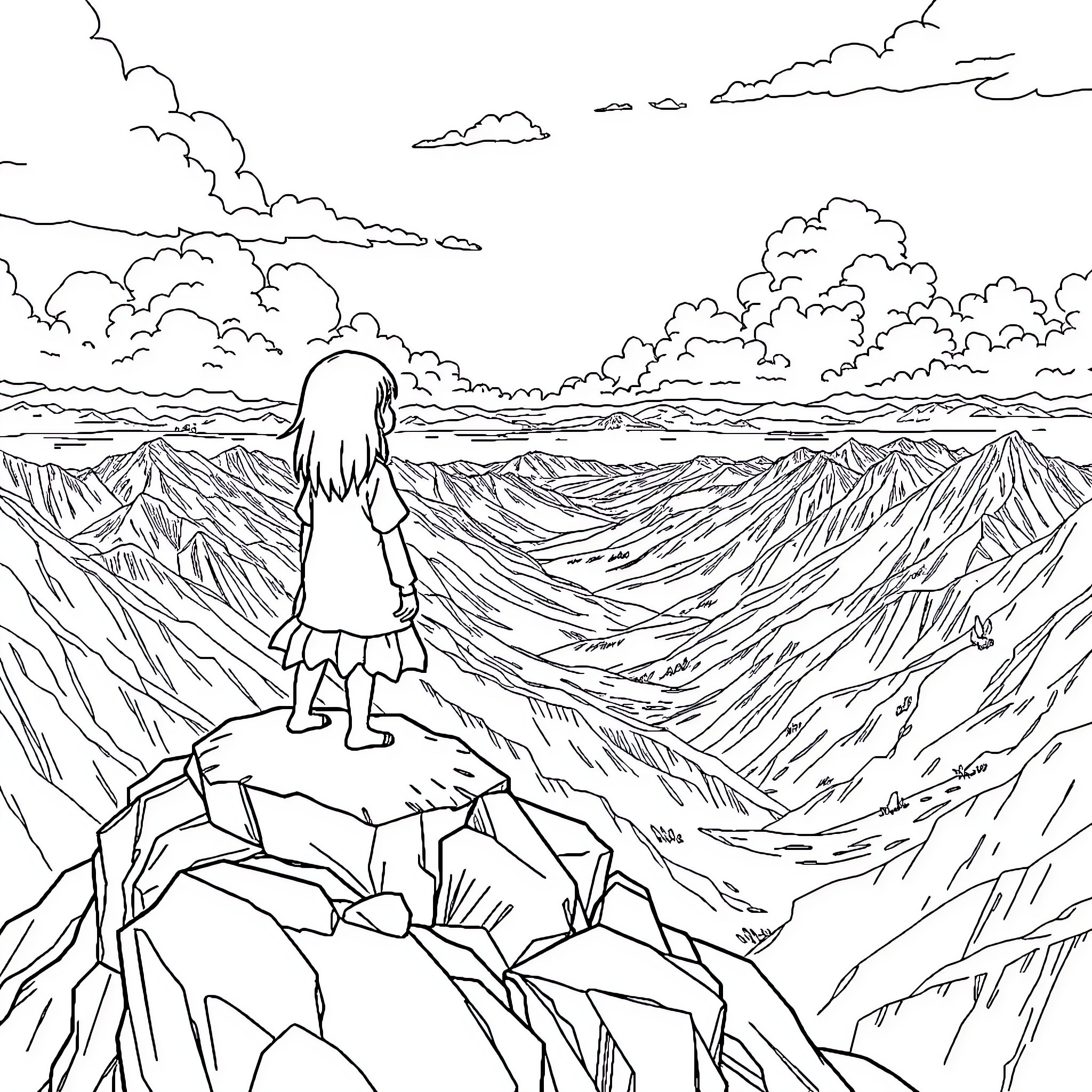 Kuromi overlooking a vast mountain landscape Coloring Page (free black-and-white line drawing printable PDF for all, from beginners to advanced learners, including children, teens, adults, and seniors)