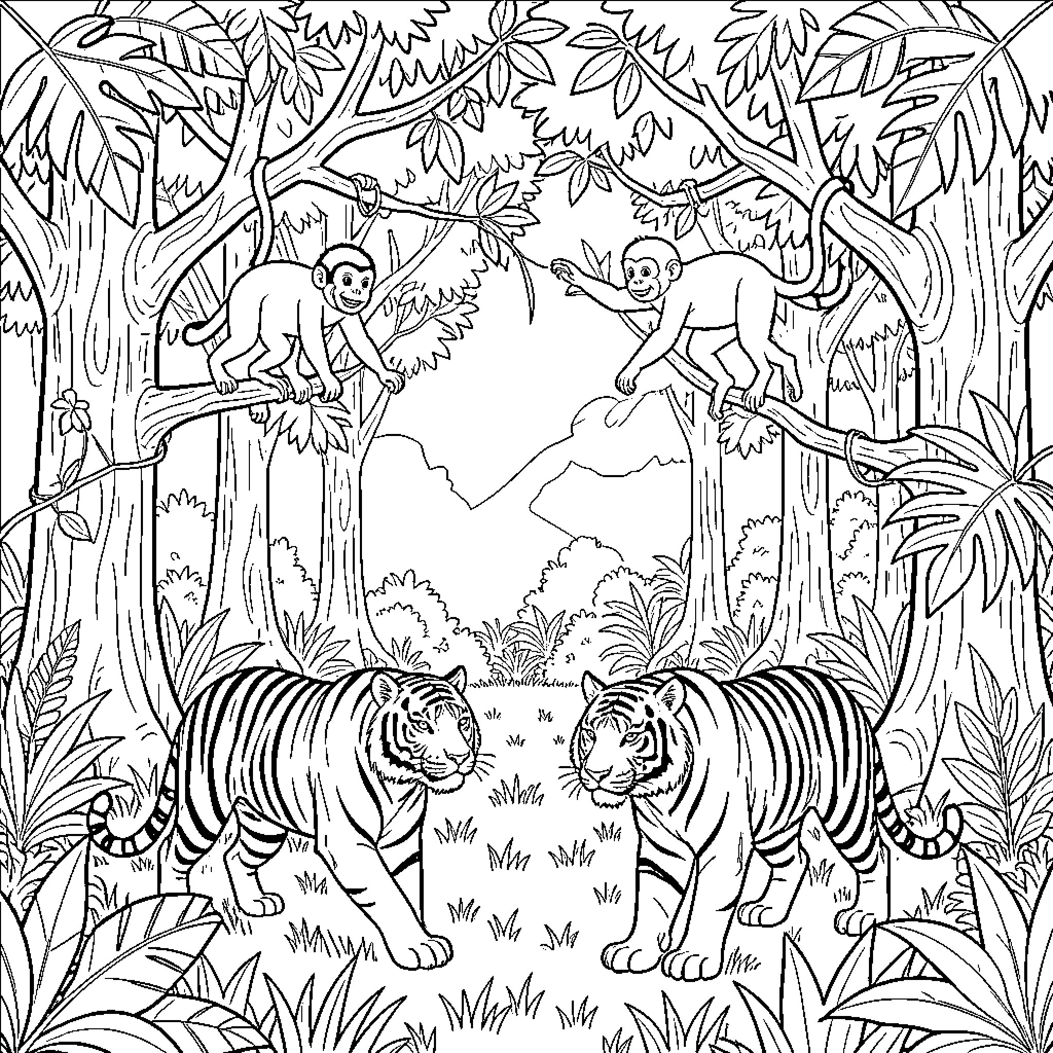 Jungle Animals Playing in the Wild Coloring Page (free black-and-white line drawing printable PDF for all, from beginners to advanced learners, including children, teens, adults, and seniors)