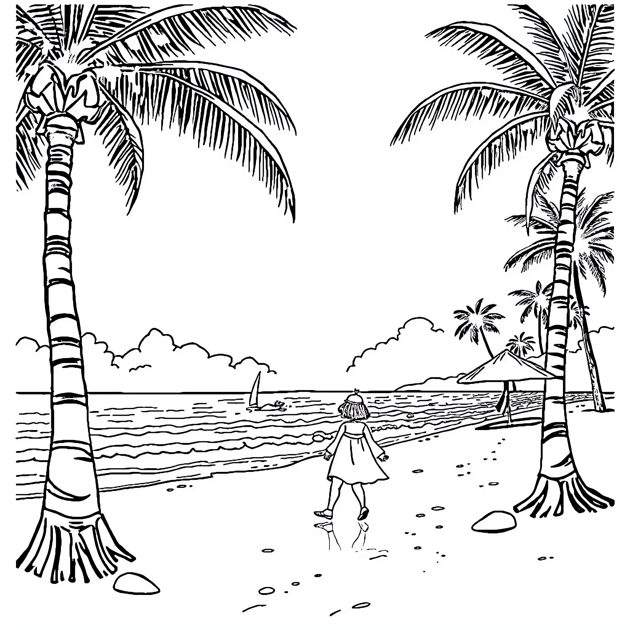 Pomme de Terre: A Walk on the Beach Coloring Page (free black-and-white line drawing printable PDF for all, from beginners to advanced learners, including children, teens, adults, and seniors)