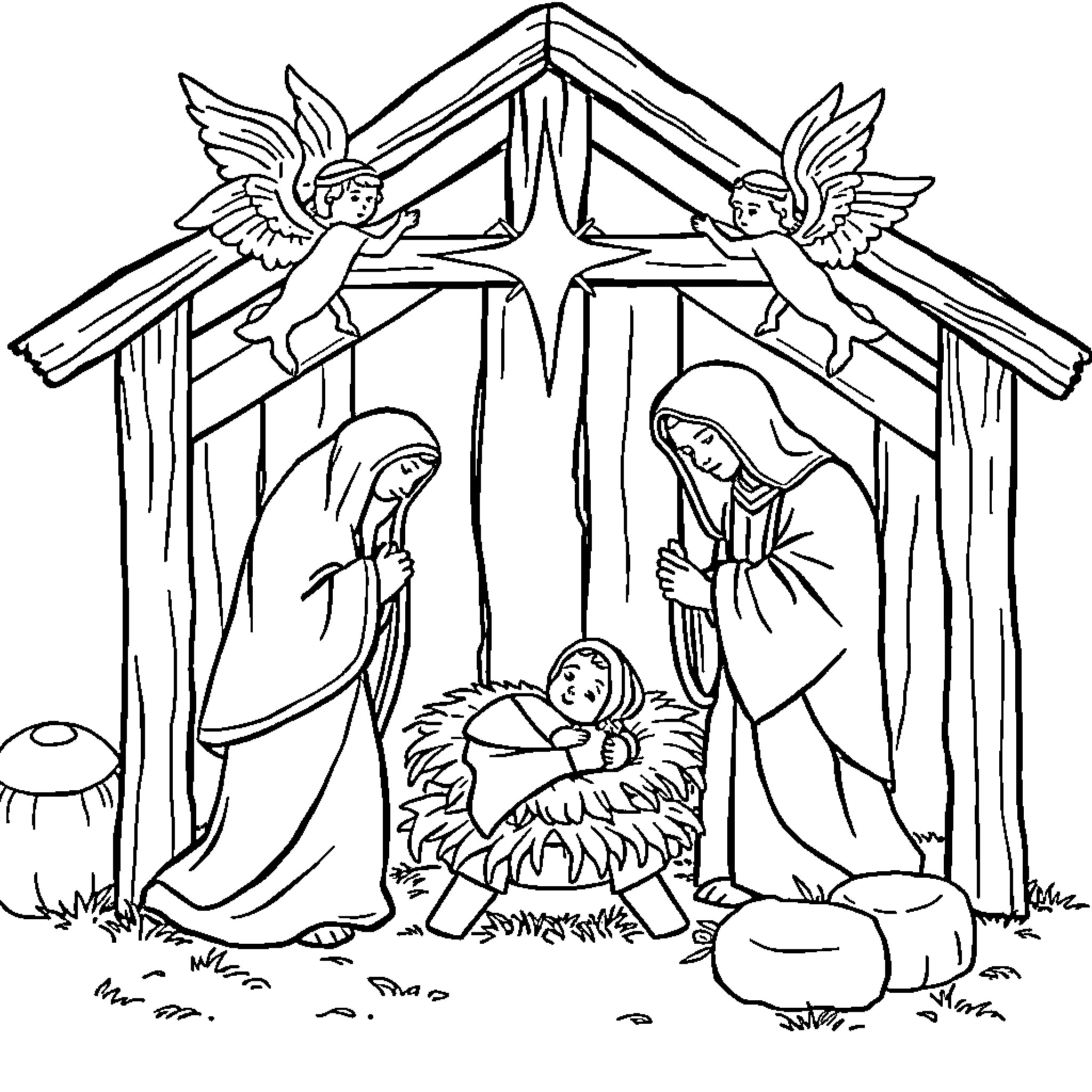 Nativity scene with holy family and angels Coloring Page (free black-and-white line drawing printable PDF for all, from beginners to advanced learners, including children, teens, adults, and seniors)