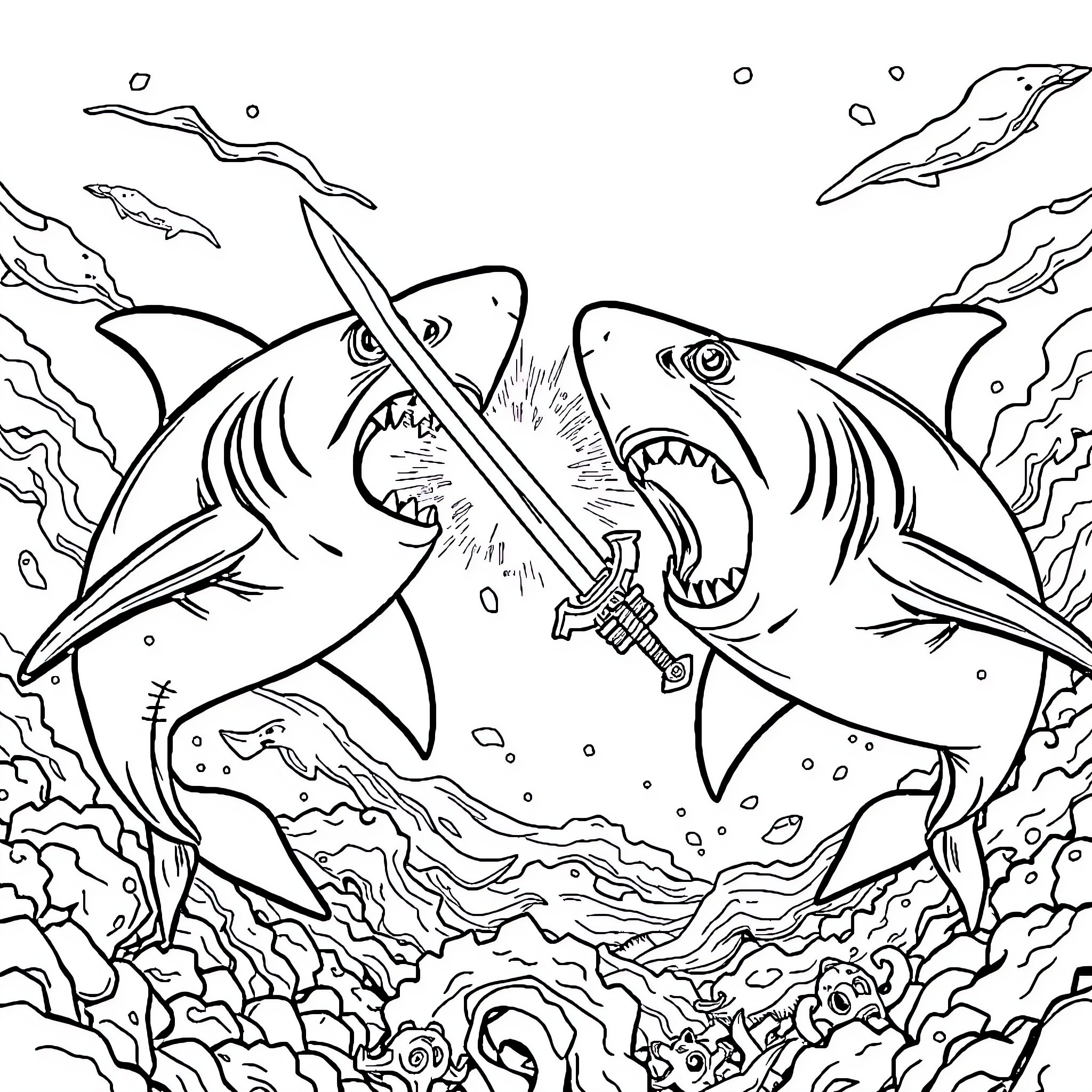 Shark hunting aggressively in the underwater world Coloring Page (free black-and-white line drawing printable PDF for all, from beginners to advanced learners, including children, teens, adults, and seniors)
