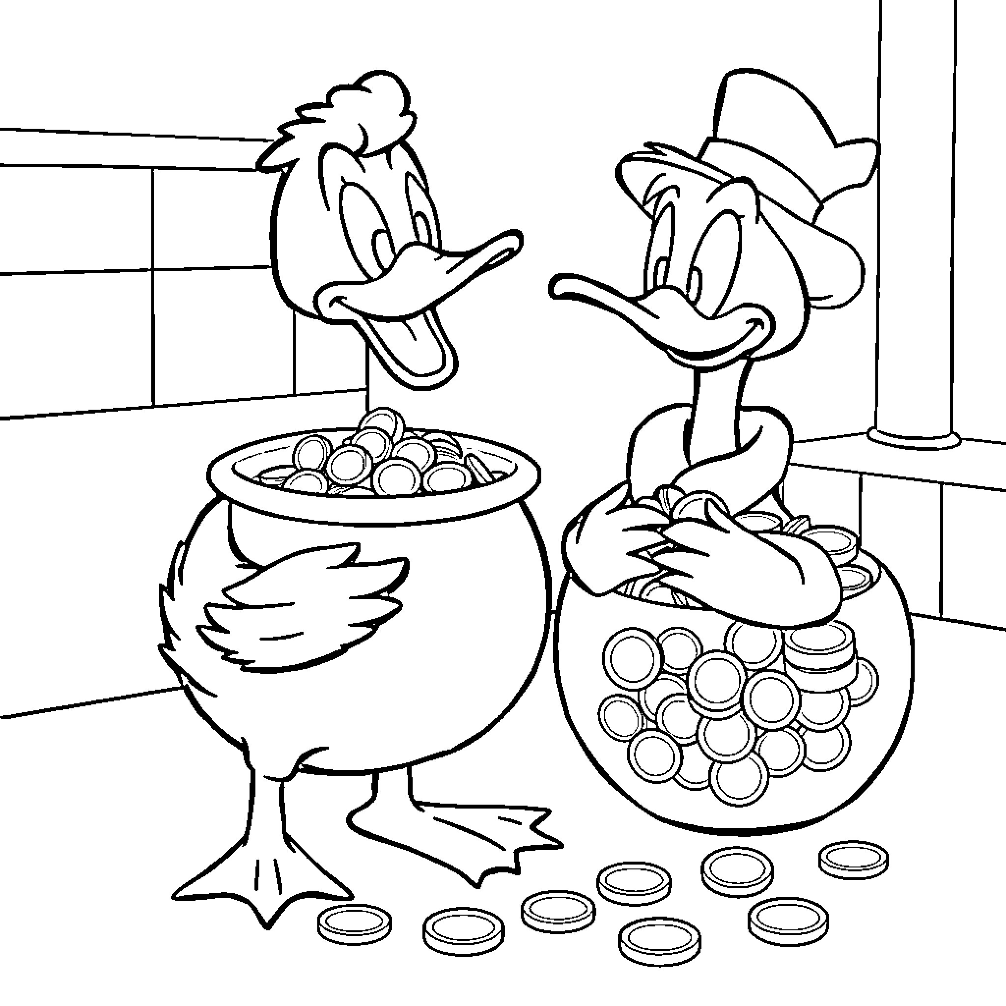 Picsou's Duck and Treasure Hunt Adventure Coloring Page (free black-and-white line drawing printable PDF for all, from beginners to advanced learners, including children, teens, adults, and seniors)