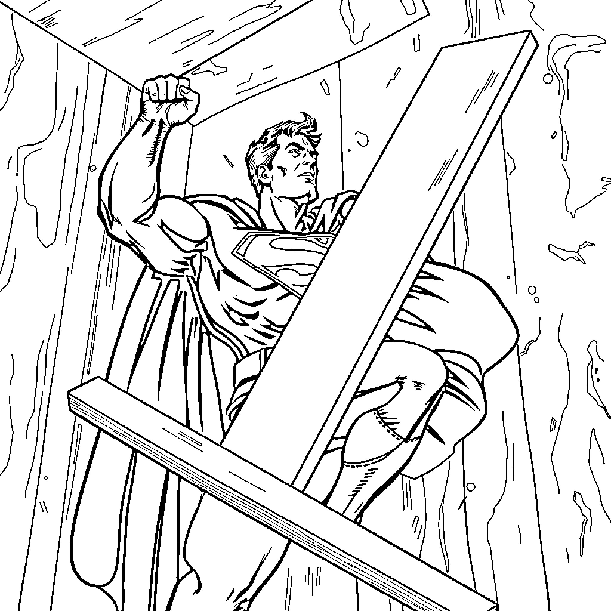Superman battling fiercely against the forces of evil Coloring Page (free black-and-white line drawing printable PDF for all, from beginners to advanced learners, including children, teens, adults, and seniors)