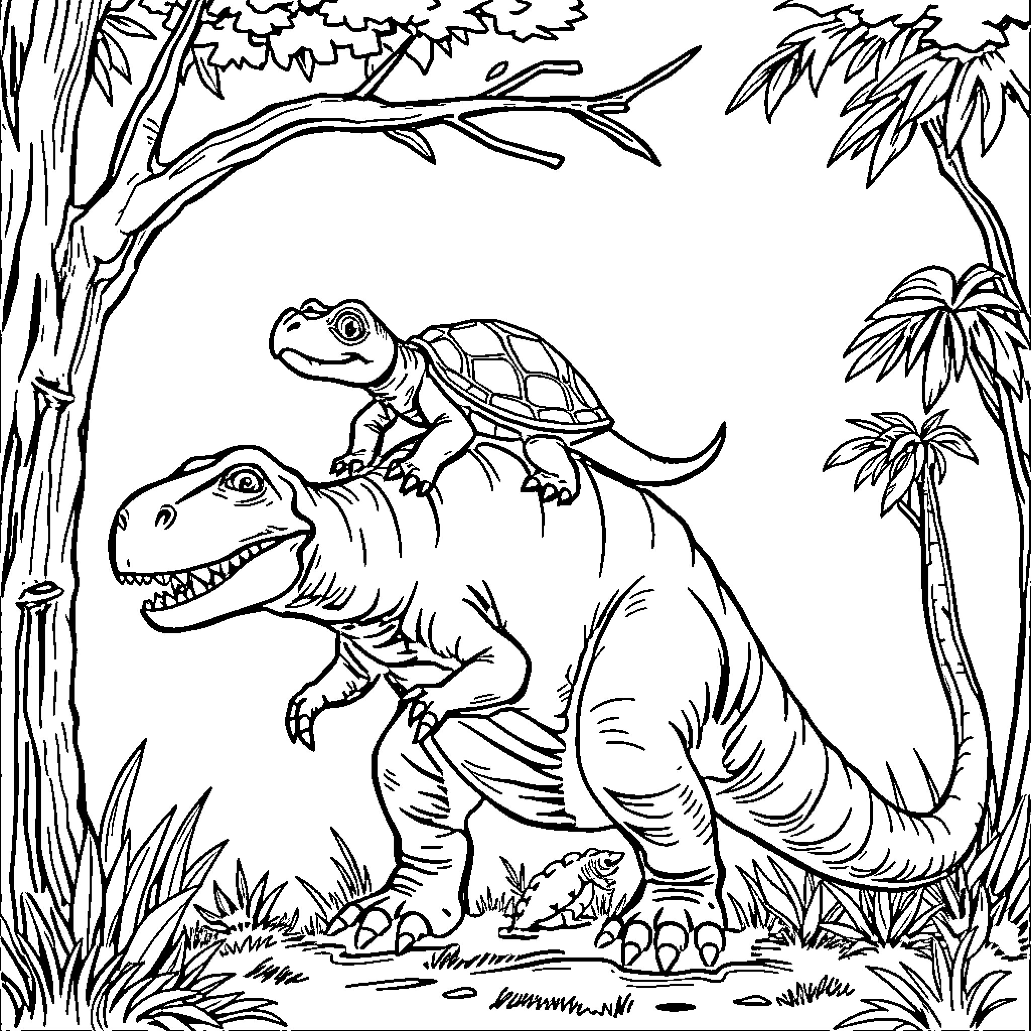 Turtle riding on the back of a dinosaur Coloring Page (free black-and-white line drawing printable PDF for all, from beginners to advanced learners, including children, teens, adults, and seniors)