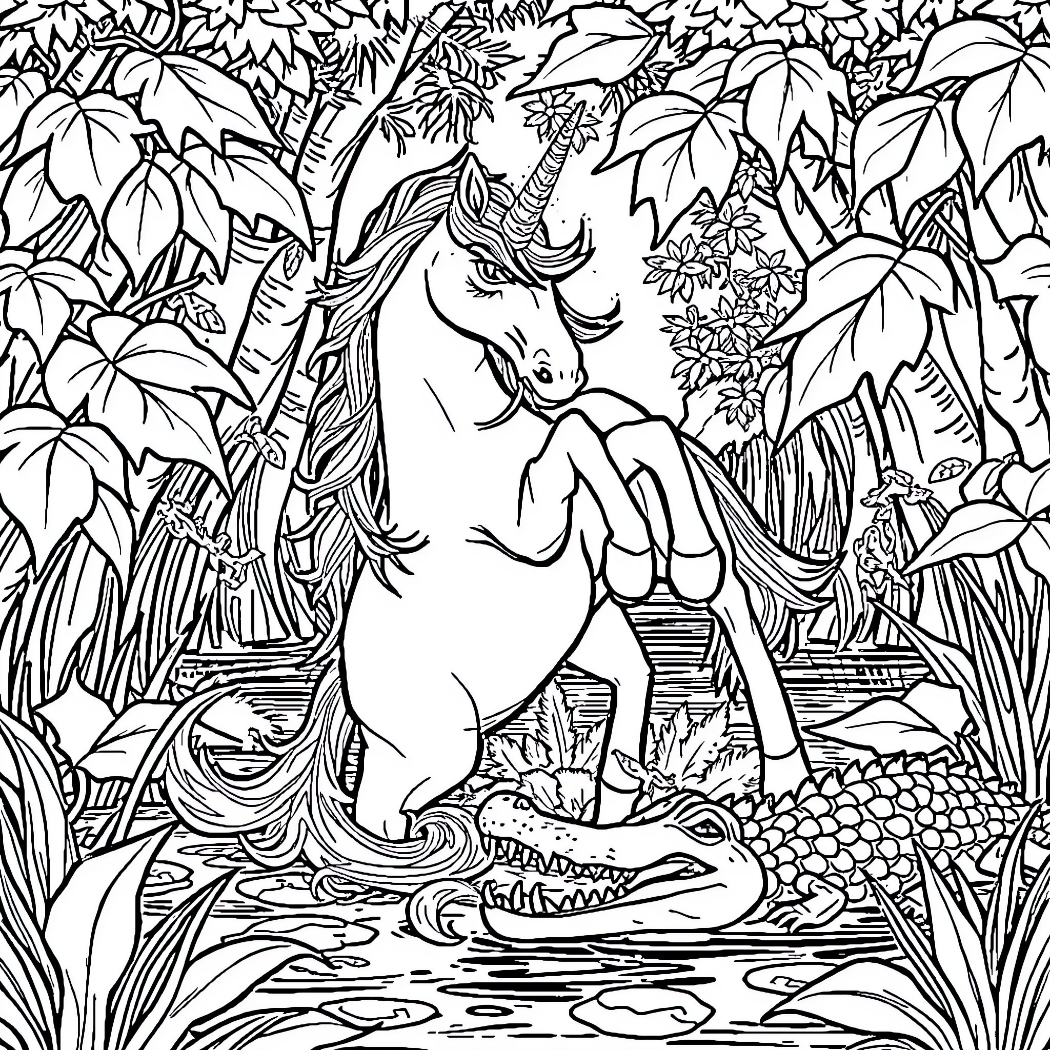 Unicorn resting peacefully in enchanted forest Coloring Page (free black-and-white line drawing printable PDF for all, from beginners to advanced learners, including children, teens, adults, and seniors)