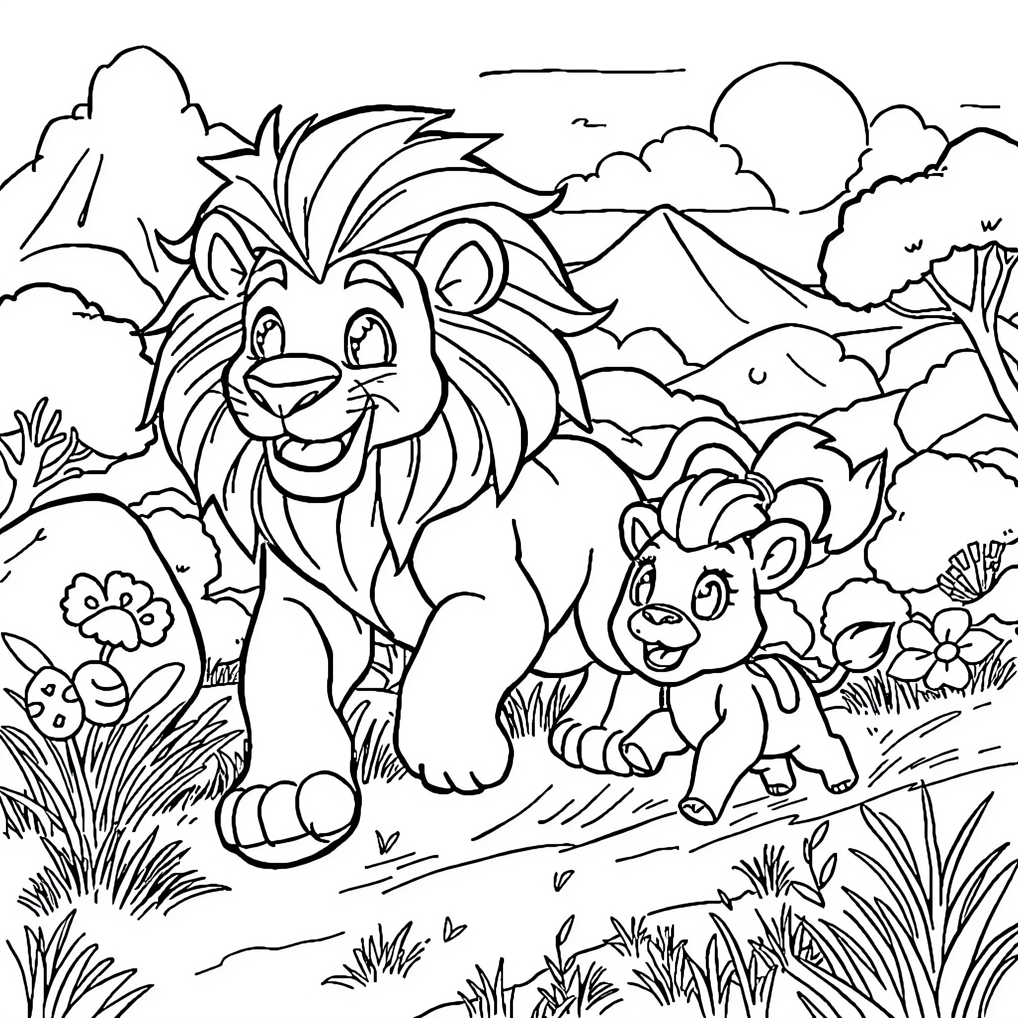 Lion and Cub in Serene Nature Scene Coloring Page (free black-and-white line drawing printable PDF for all, from beginners to advanced learners, including children, teens, adults, and seniors)