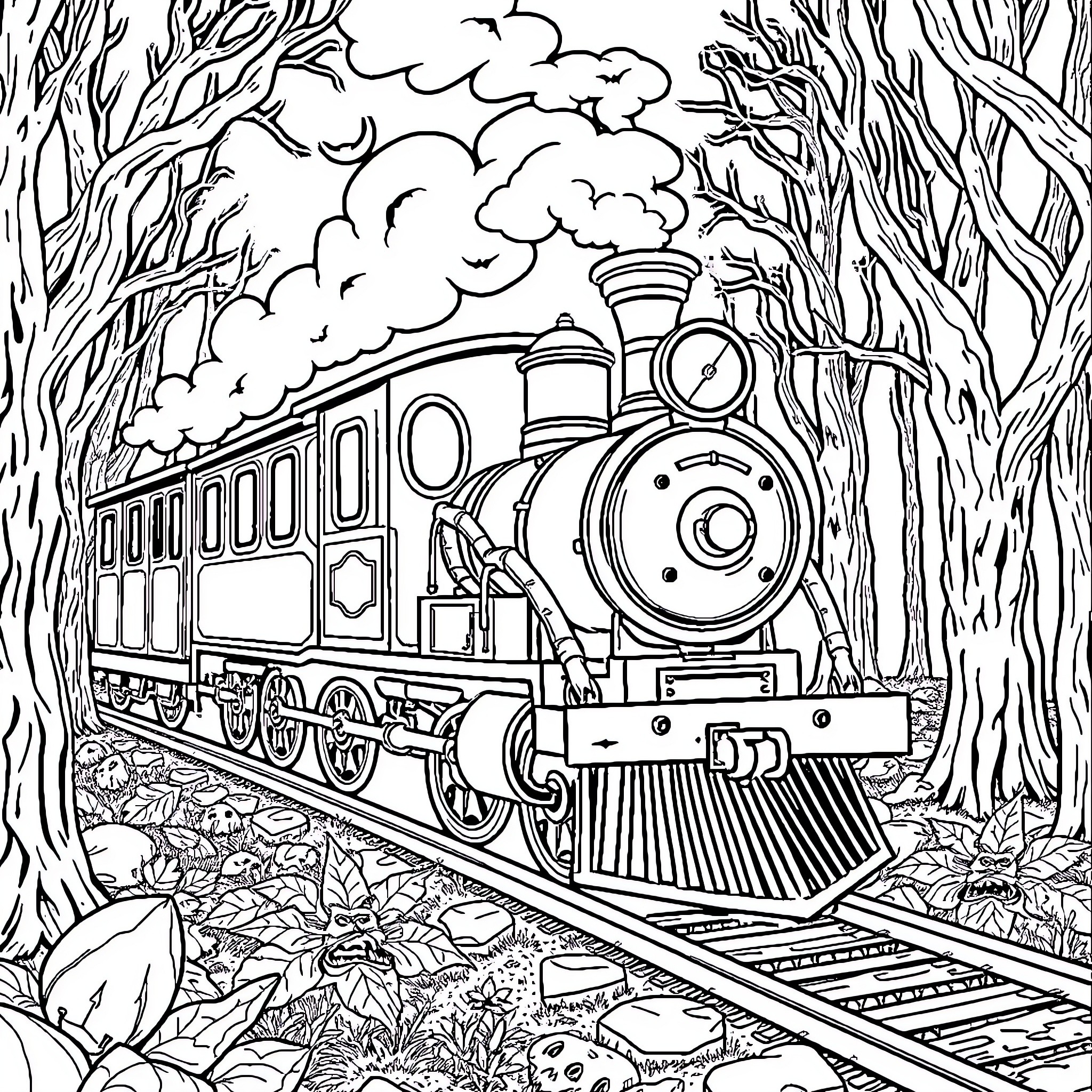 Choo Choo Charles Train Travels Through Enchanted Forest Coloring Page (free black-and-white line drawing printable PDF for all, from beginners to advanced learners, including children, teens, adults, and seniors)