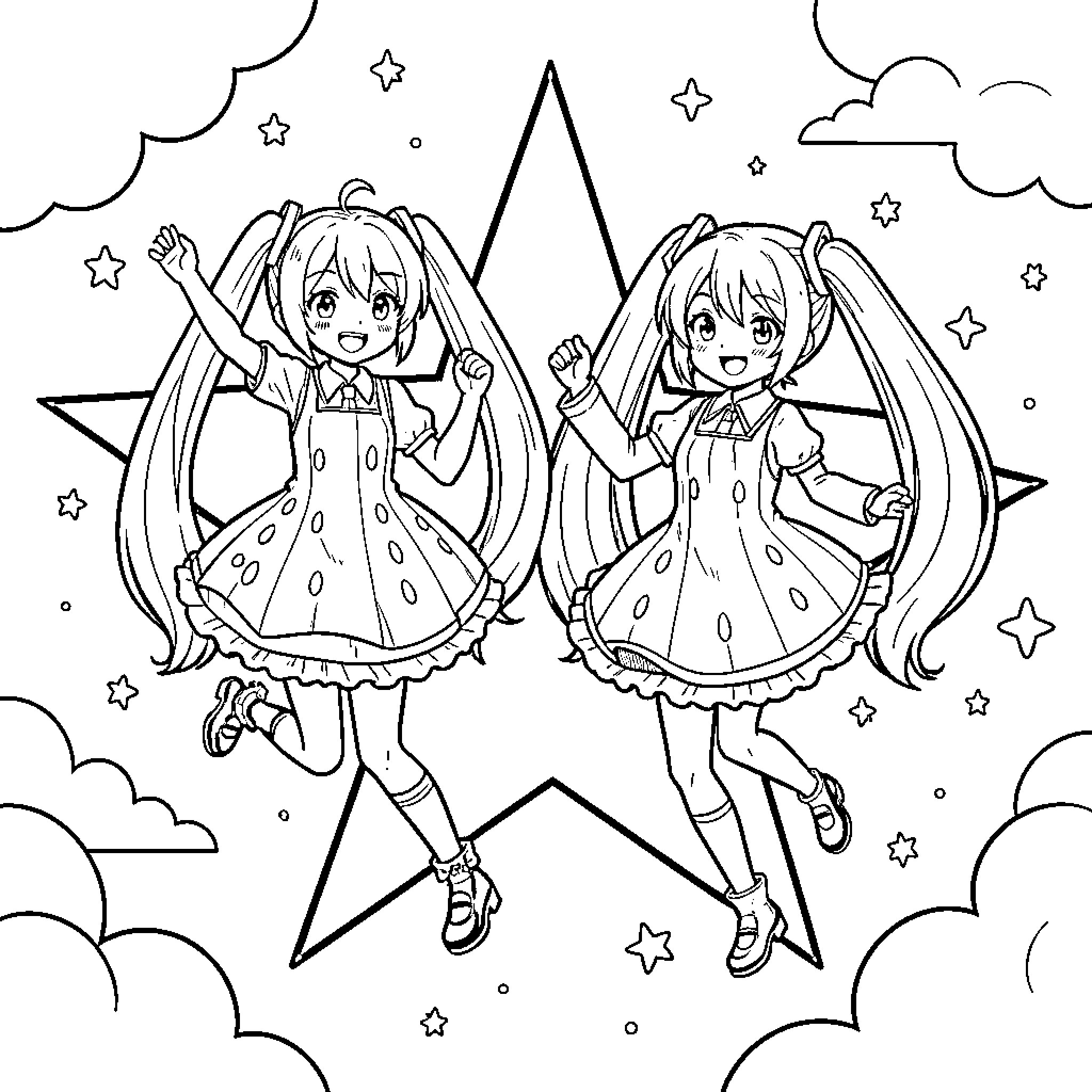 Teto Kasane cheerfully dancing with a friend in the starry night Coloring Page (free black-and-white line drawing printable PDF for all, from beginners to advanced learners, including children, teens, adults, and seniors)