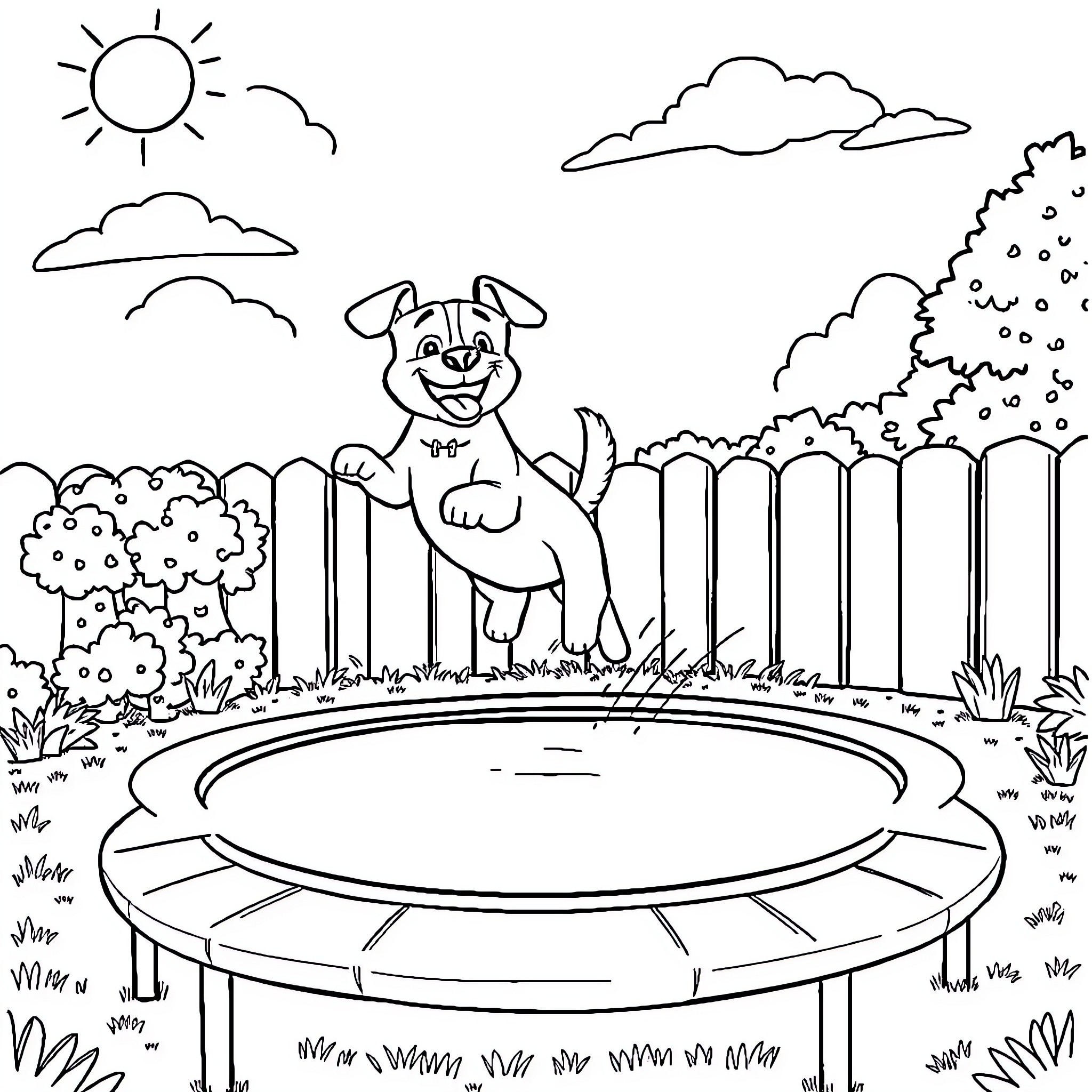 Dog playing happily in the park Coloring Page (free black-and-white line drawing printable PDF for all, from beginners to advanced learners, including children, teens, adults, and seniors)