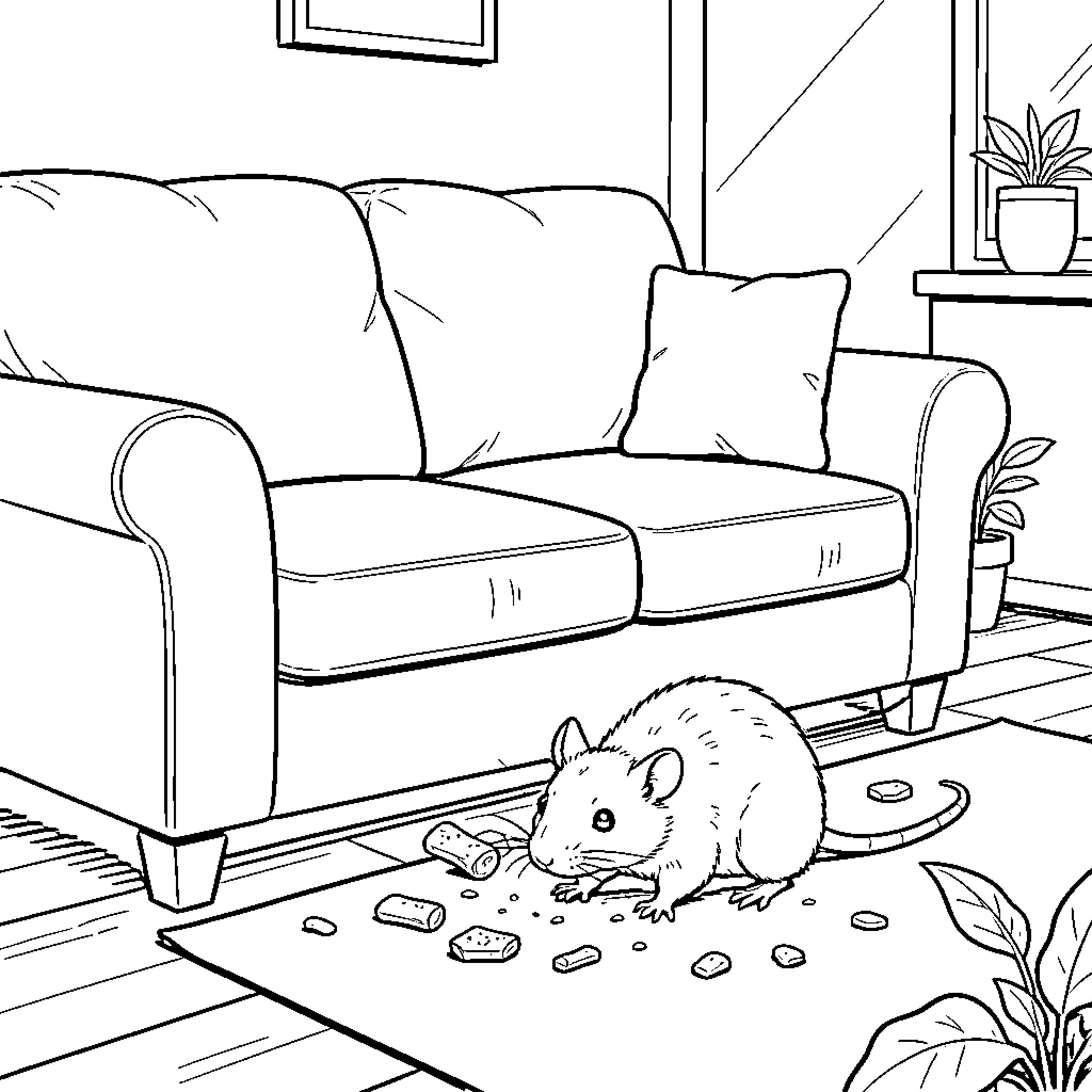 Rat exploring cozy living room Coloring Page (free black-and-white line drawing printable PDF for all, from beginners to advanced learners, including children, teens, adults, and seniors)