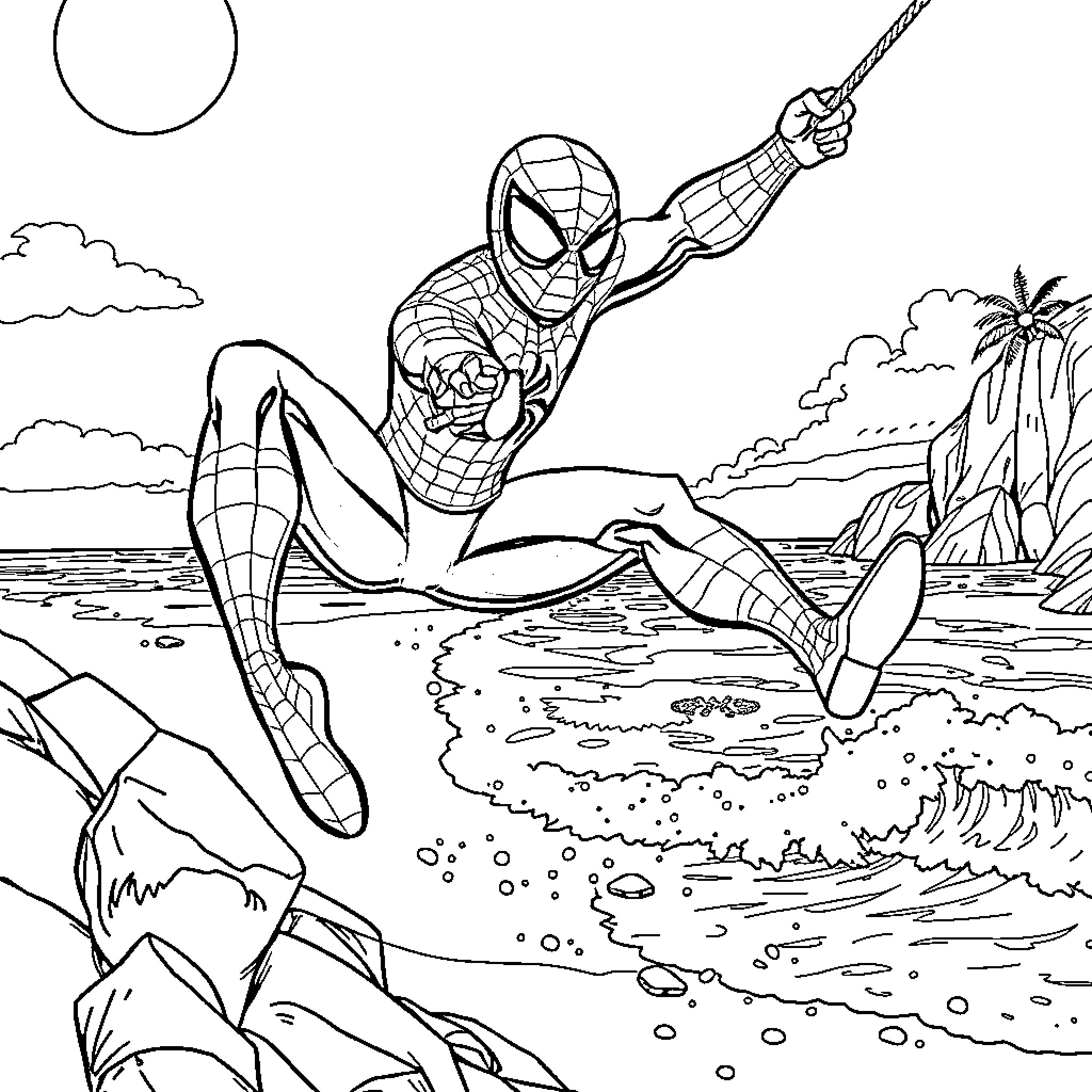 Spiderman swinging on web over tropical beach Coloring Page (free black-and-white line drawing printable PDF for all, from beginners to advanced learners, including children, teens, adults, and seniors)